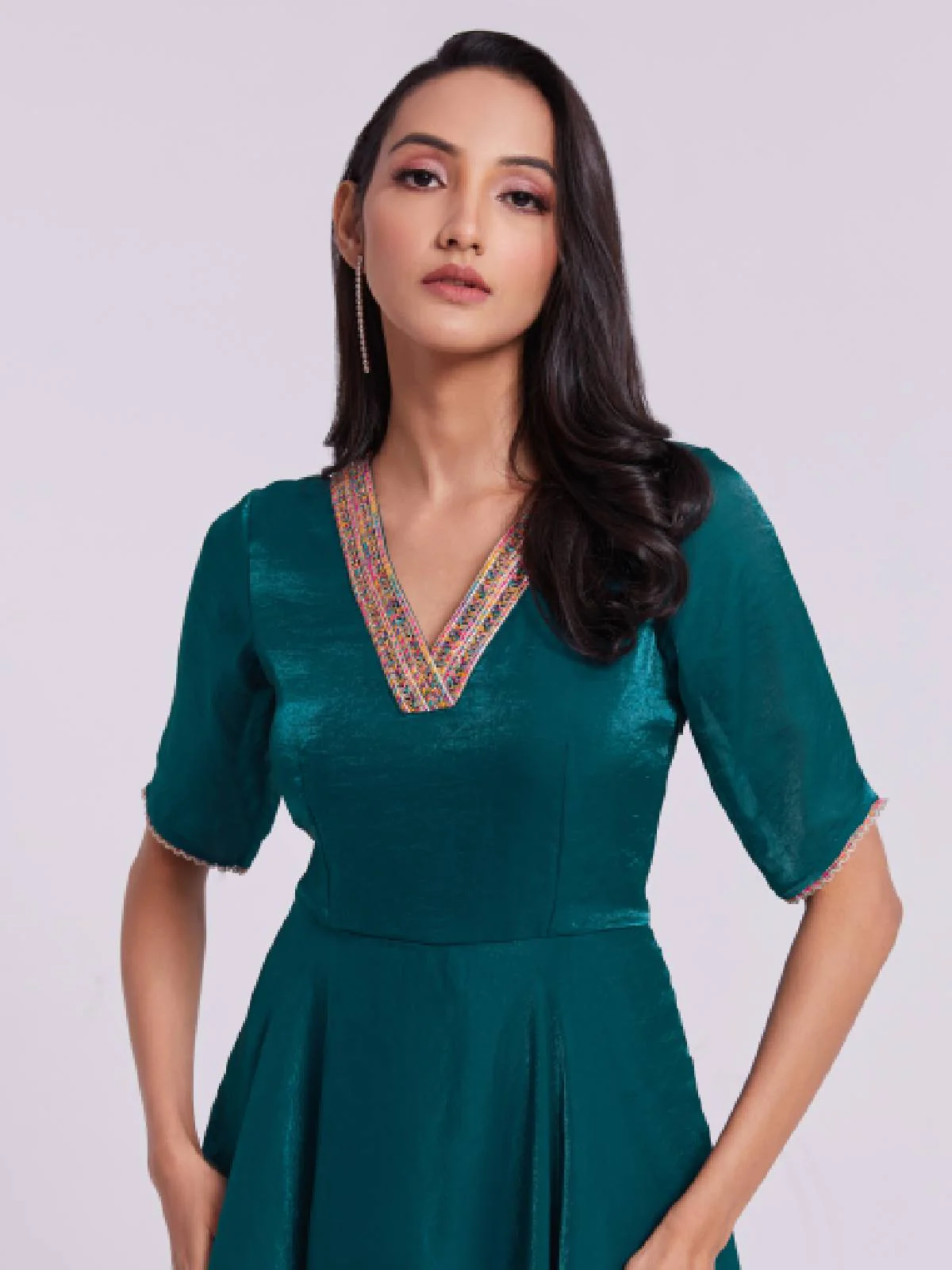 Odette Teal Organza Solid Stitched Gown For Women - Image 7