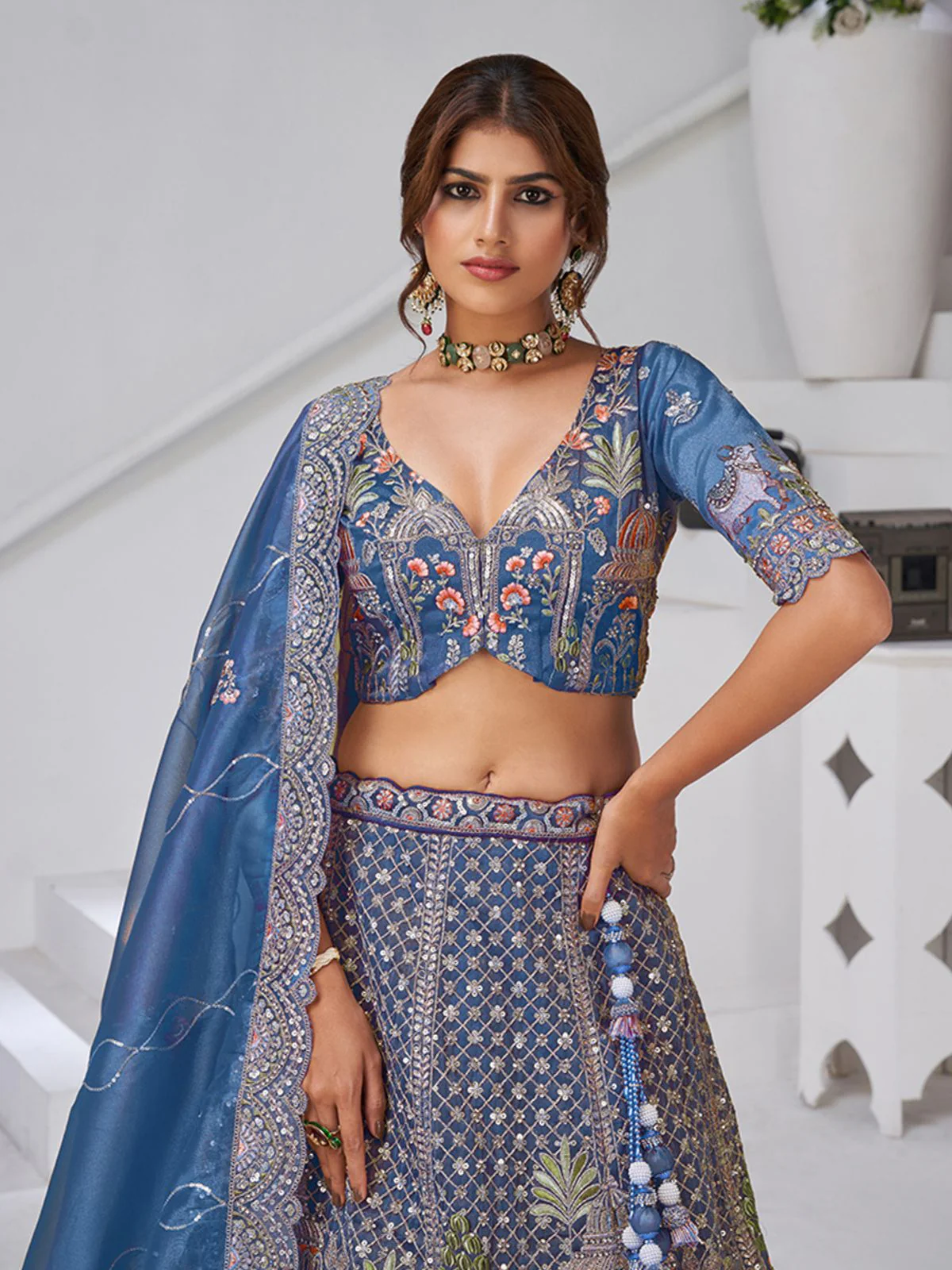 Odette Blue Organza Tissue Embroidered Semi-Stitched Lehenga For Women - Image 3