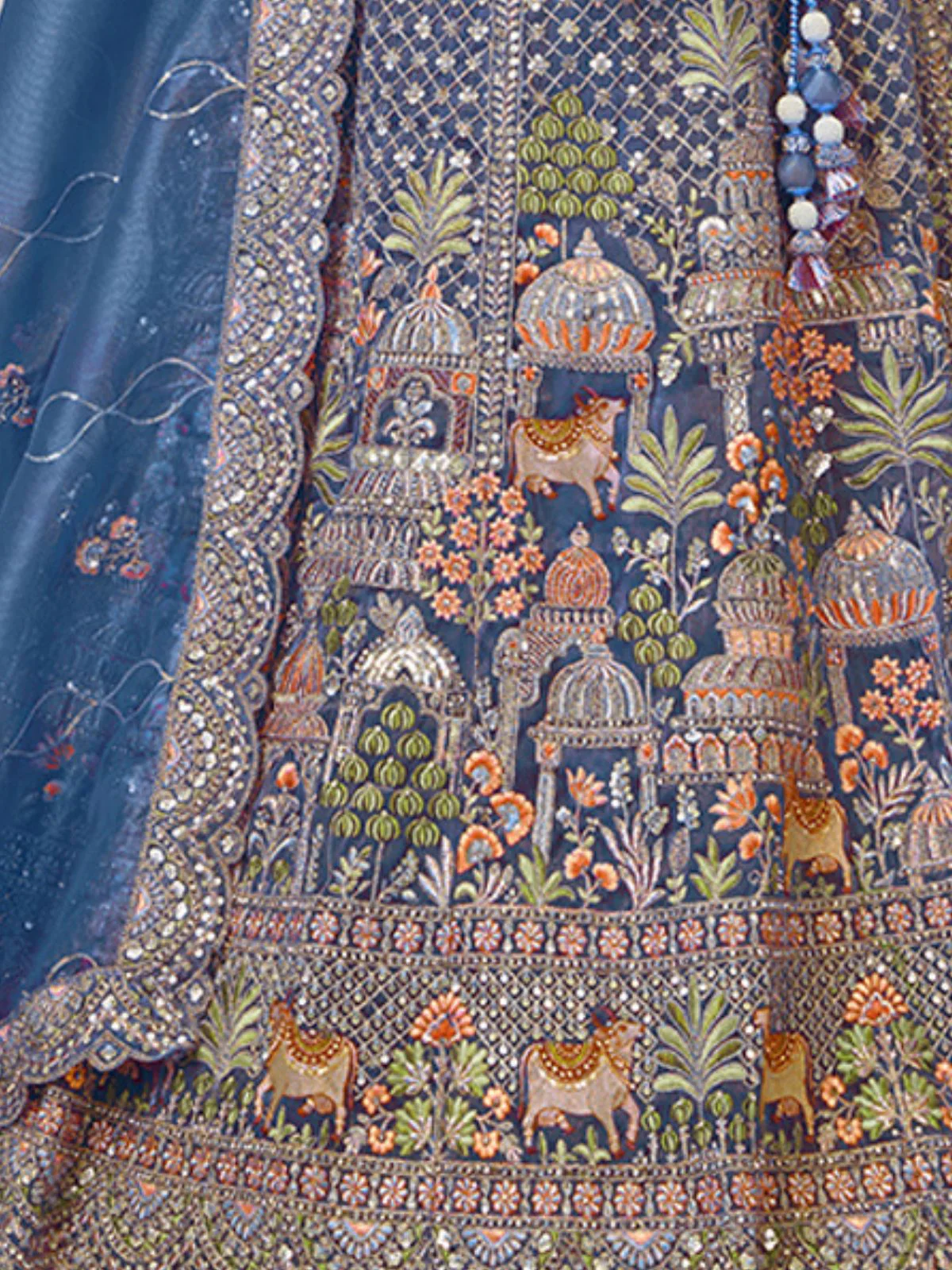 Odette Blue Organza Tissue Embroidered Semi-Stitched Lehenga For Women - Image 4