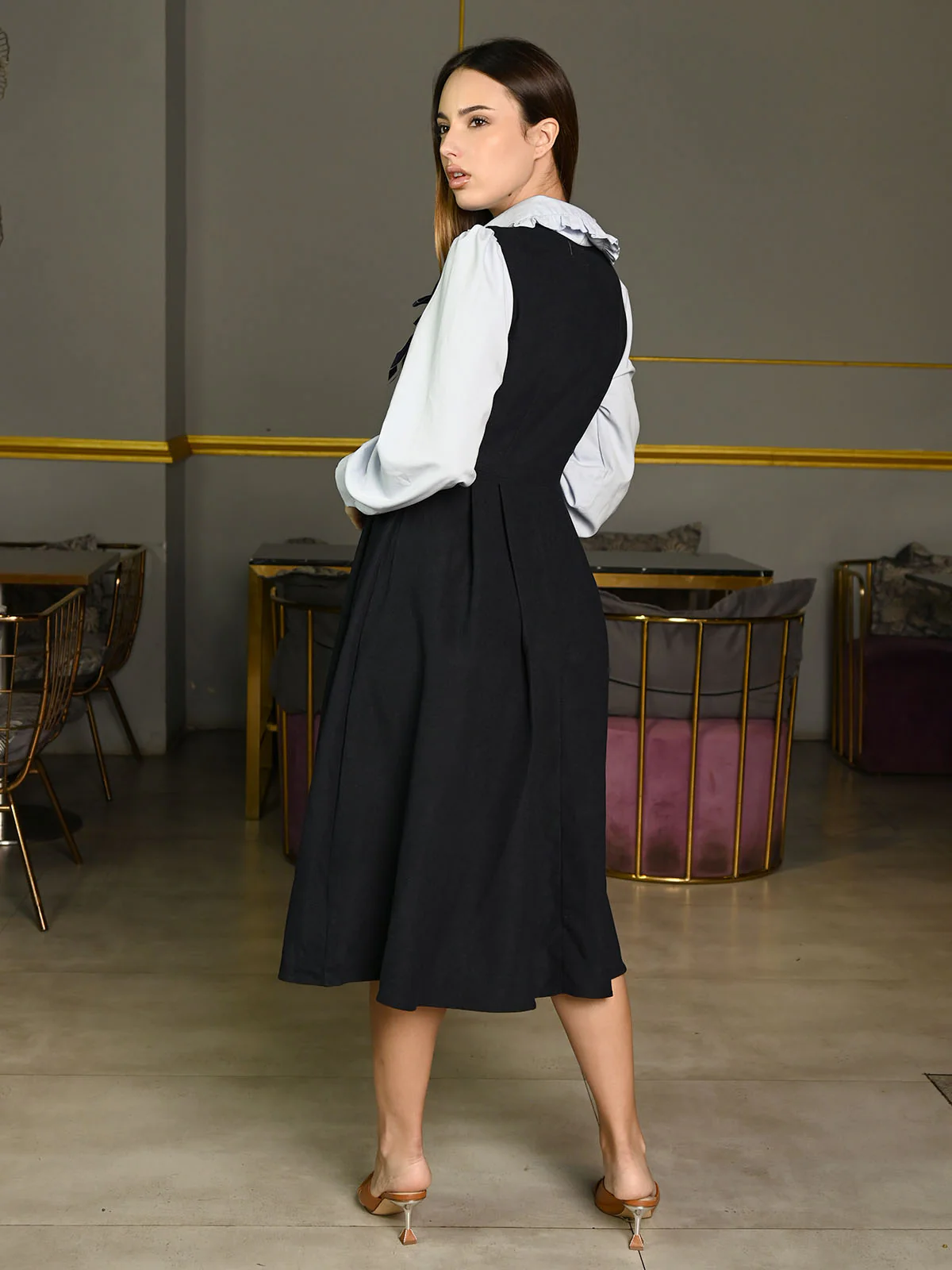Odette Blue Pinafore Dress with Shirt & Brooch for Women - Image 4