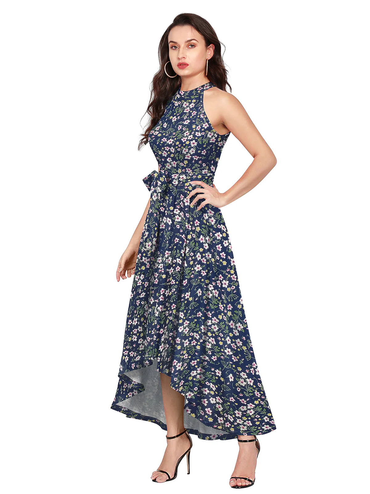Odette Blue Polyester Asymmetric Printed Dress For Women - Image 2