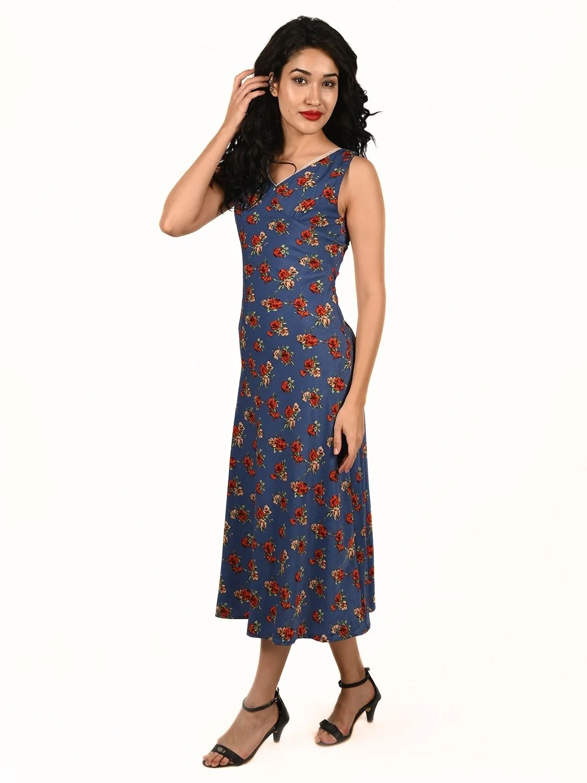 Odette Blue Polyster Lycra Printed Dress For Women - Image 2