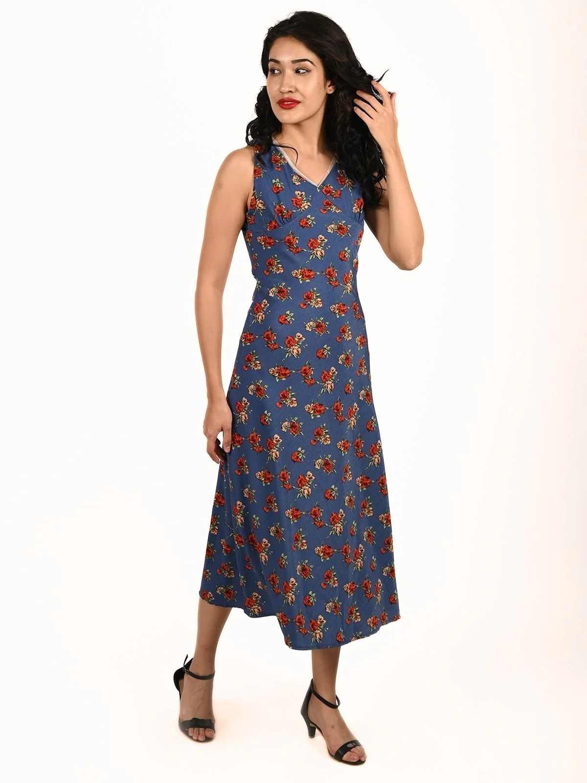 Odette Blue Polyster Lycra Printed Dress For Women - Image 4