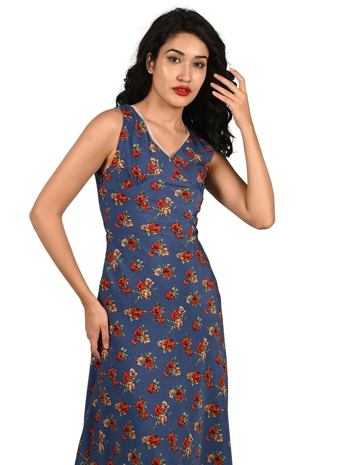 Odette Blue Polyster Lycra Printed Dress For Women - Image 5