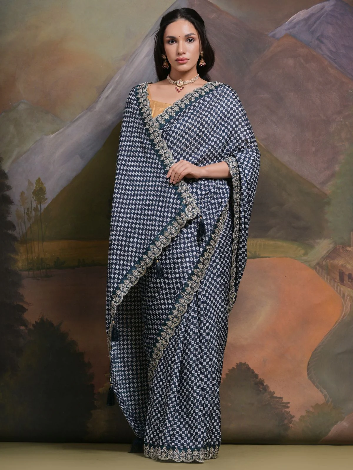 Odette Blue Printed Chiffon Saree With Unstitched Blouse For Women - Image 3