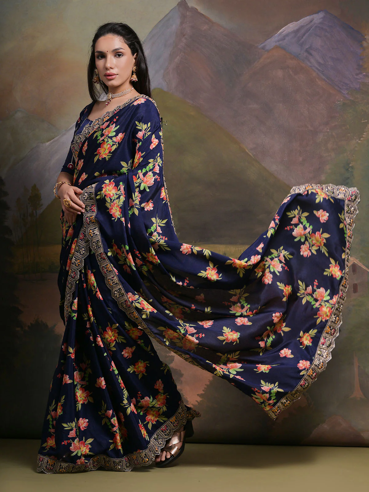 Odette Blue Printed Chiffon Saree With Unstitched Blouse For Women - Image 2