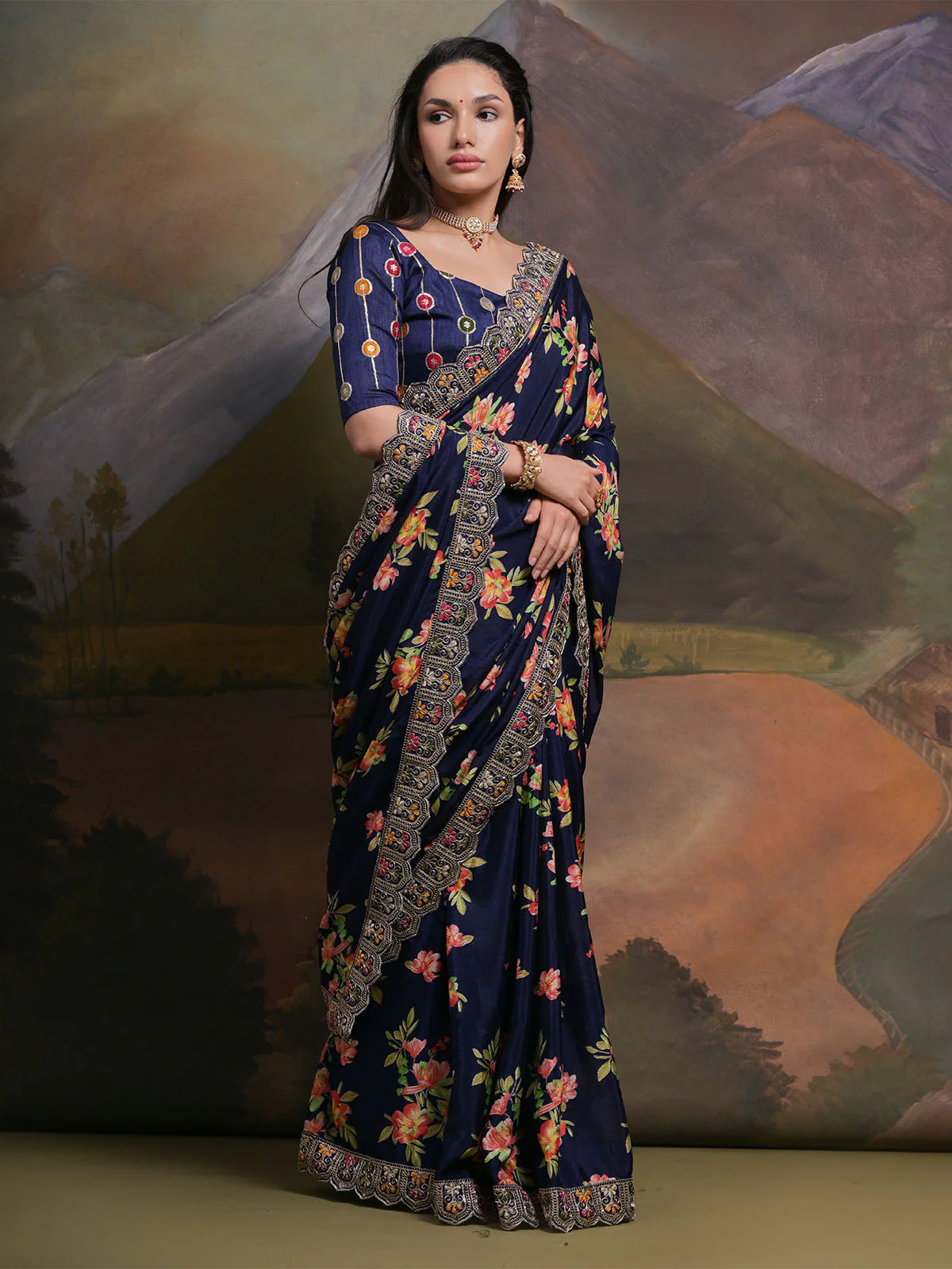 Odette Blue Printed Chiffon Saree With Unstitched Blouse For Women - Image 3