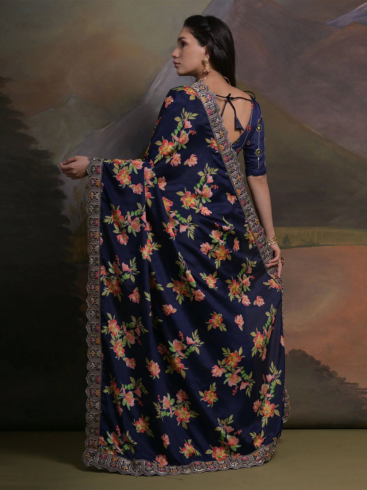Odette Blue Printed Chiffon Saree With Unstitched Blouse For Women - Image 5