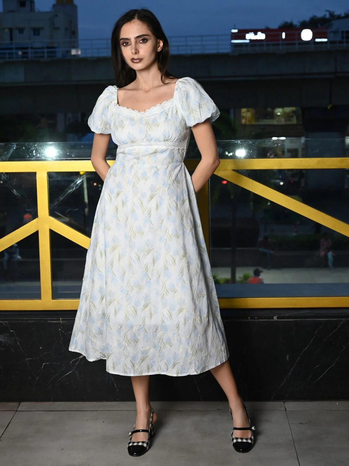 Odette White And Blue Printed Cotton Dress for Women - Image 2