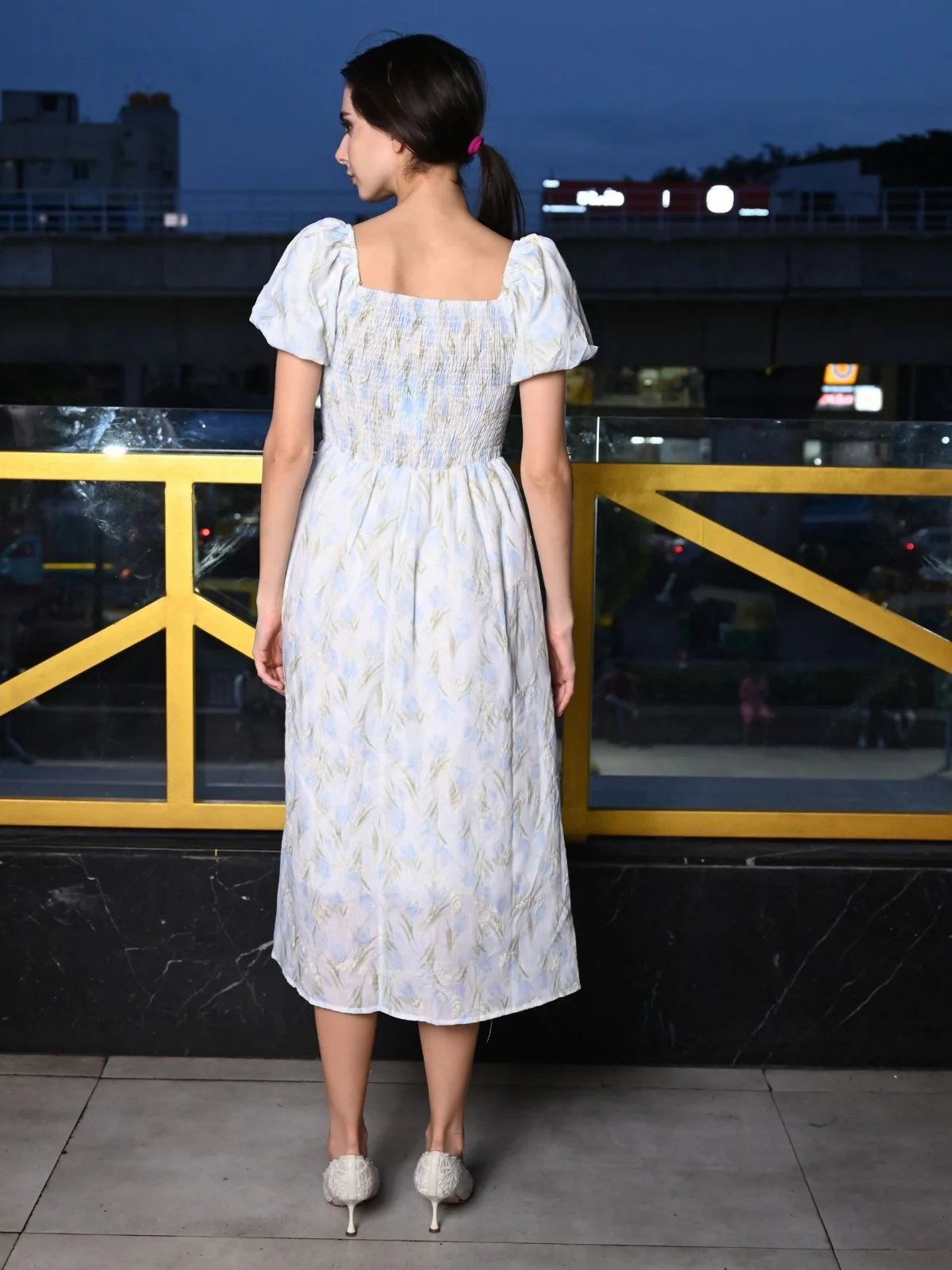 Odette White And Blue Printed Cotton Dress for Women - Image 4