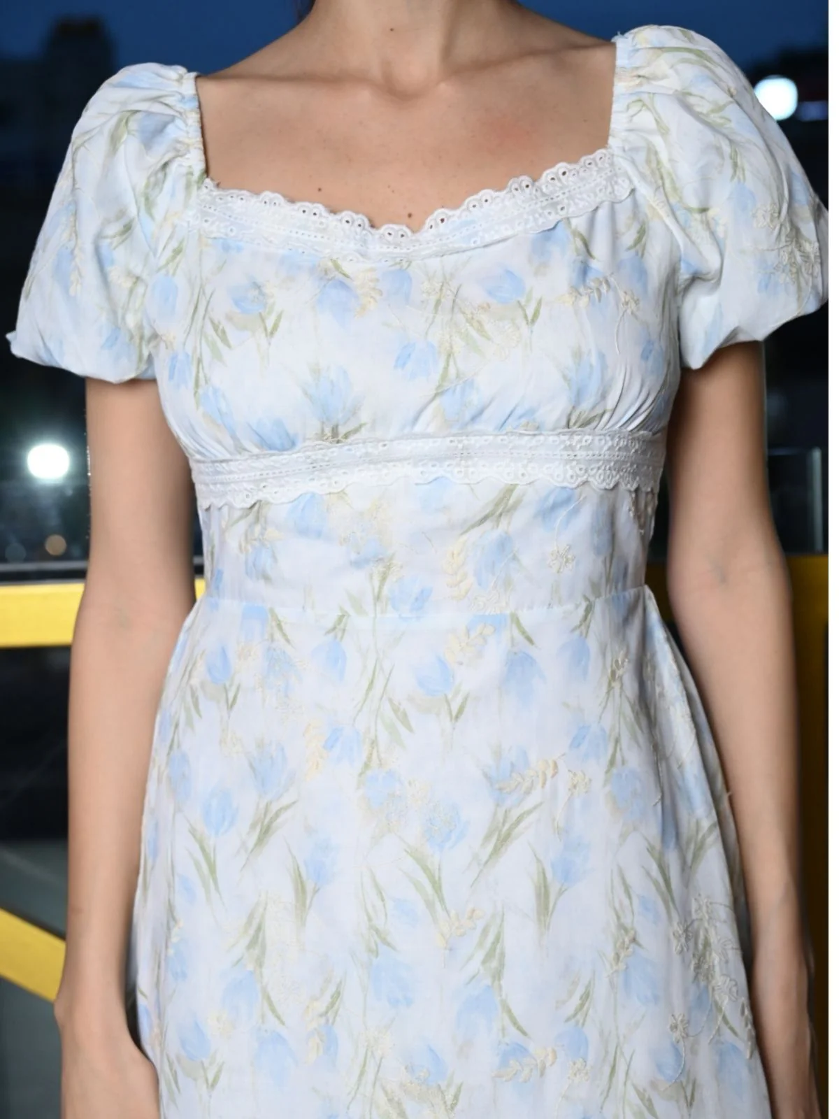 Odette White And Blue Printed Cotton Dress for Women - Image 5