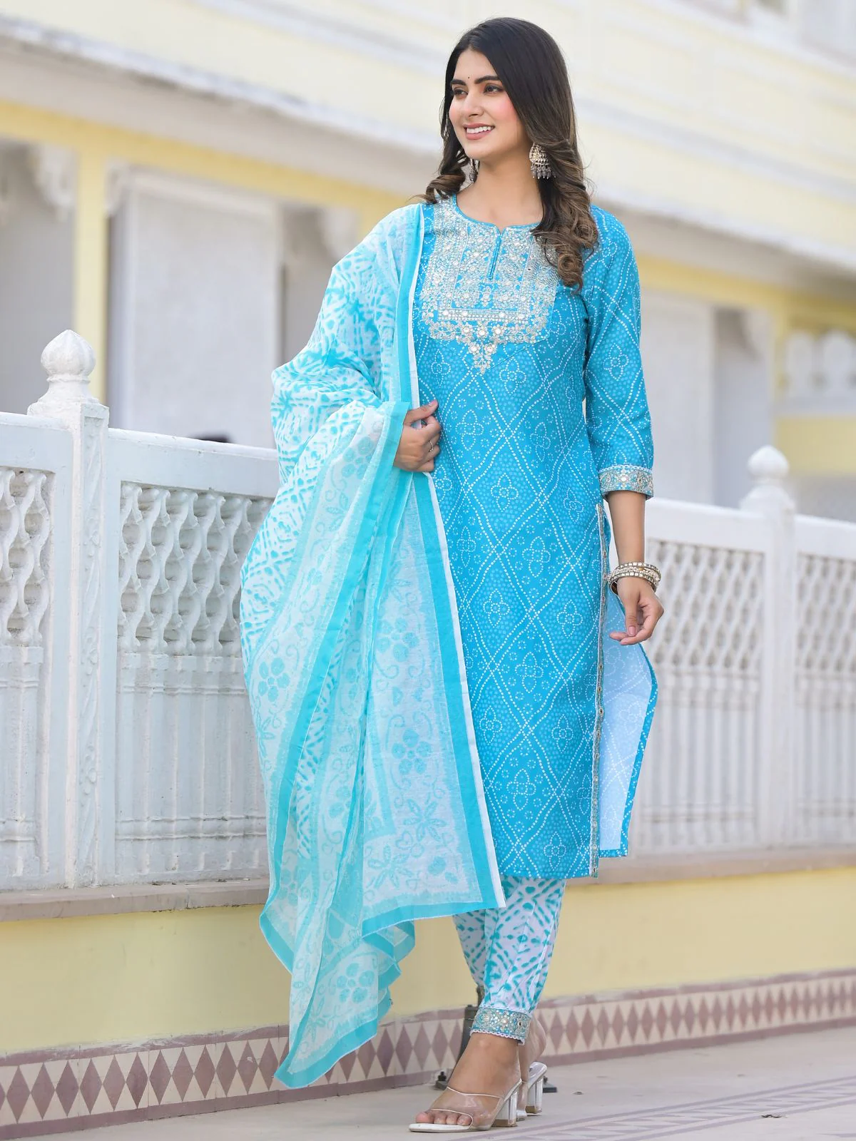Odette Blue Printed Cotton Stitched Kurta Set For Women - Image 2