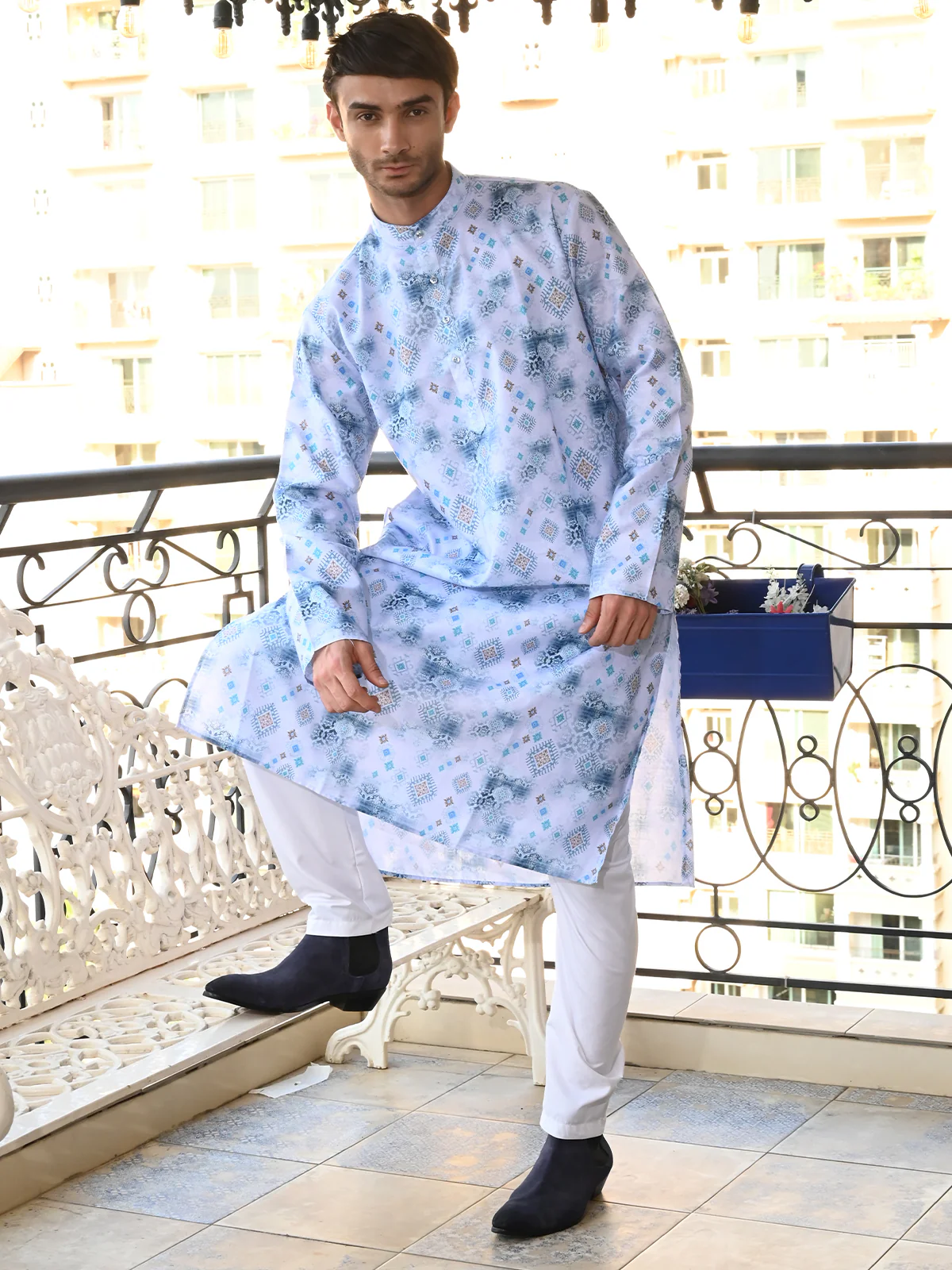 Odette Blue Printed Cotton Traditional Kurta Set For Men - Image 3