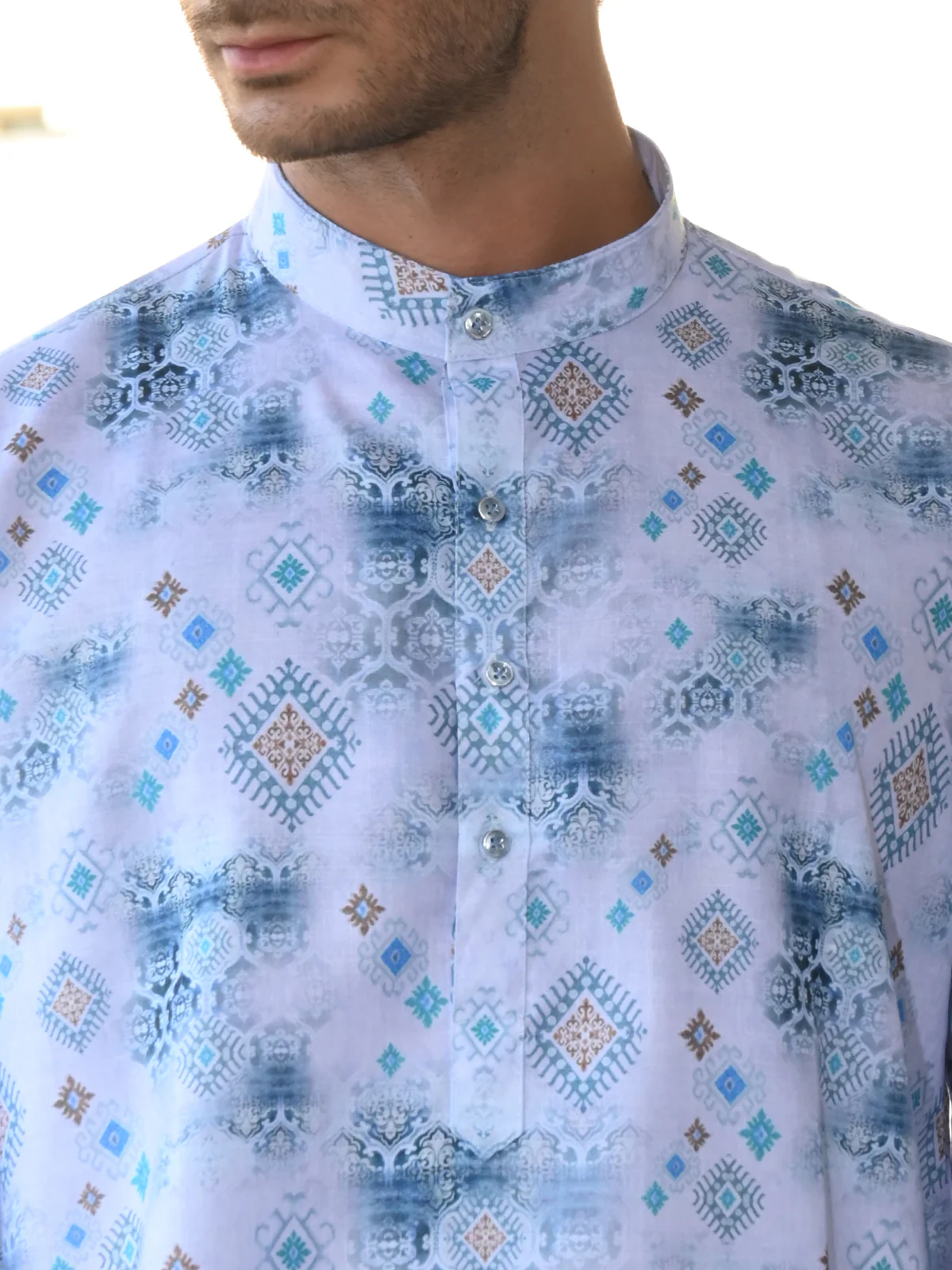 Odette Blue Printed Cotton Traditional Kurta Set For Men - Image 5