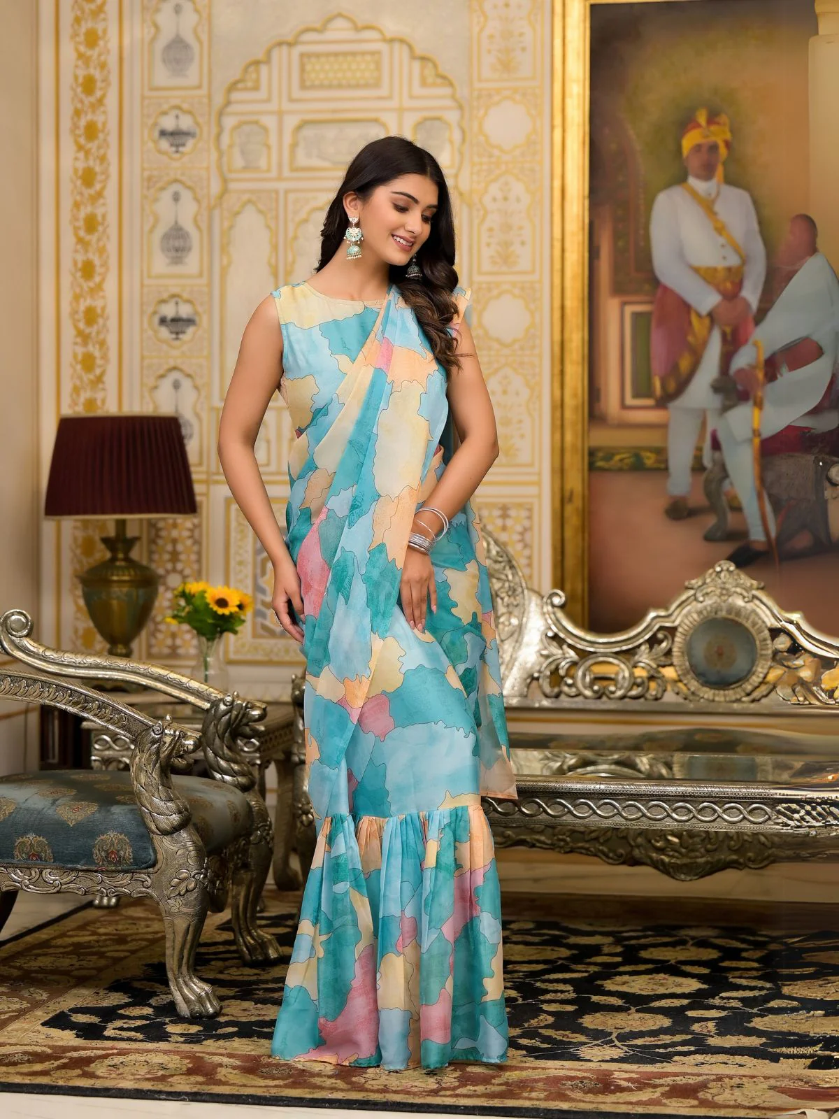 Odette Blue Printed Georgette Ready To Wear Saree For Women - Image 2