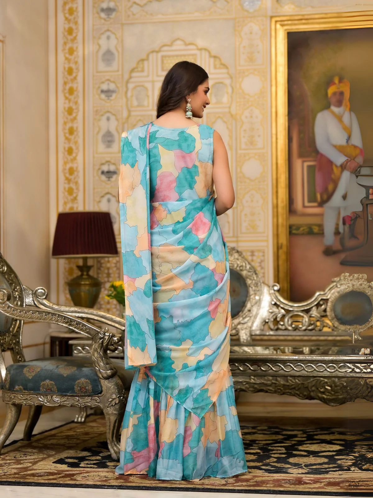 Odette Blue Printed Georgette Ready To Wear Saree For Women - Image 3