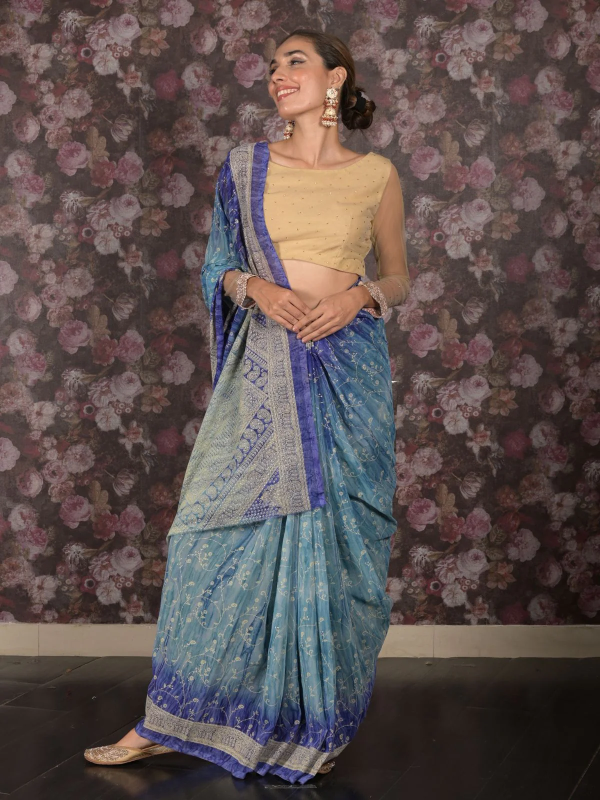 Odette Blue Printed Georgette Saree for Women - Image 2