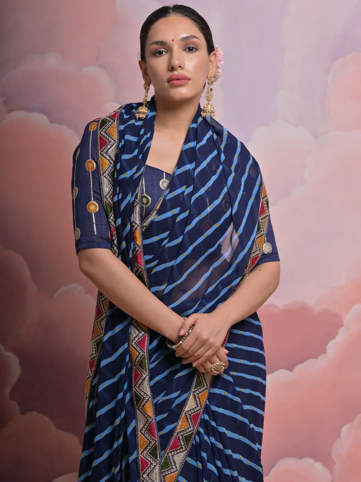 Odette Blue Printed Georgette Saree With Unstitched Blouse For Women - Image 4