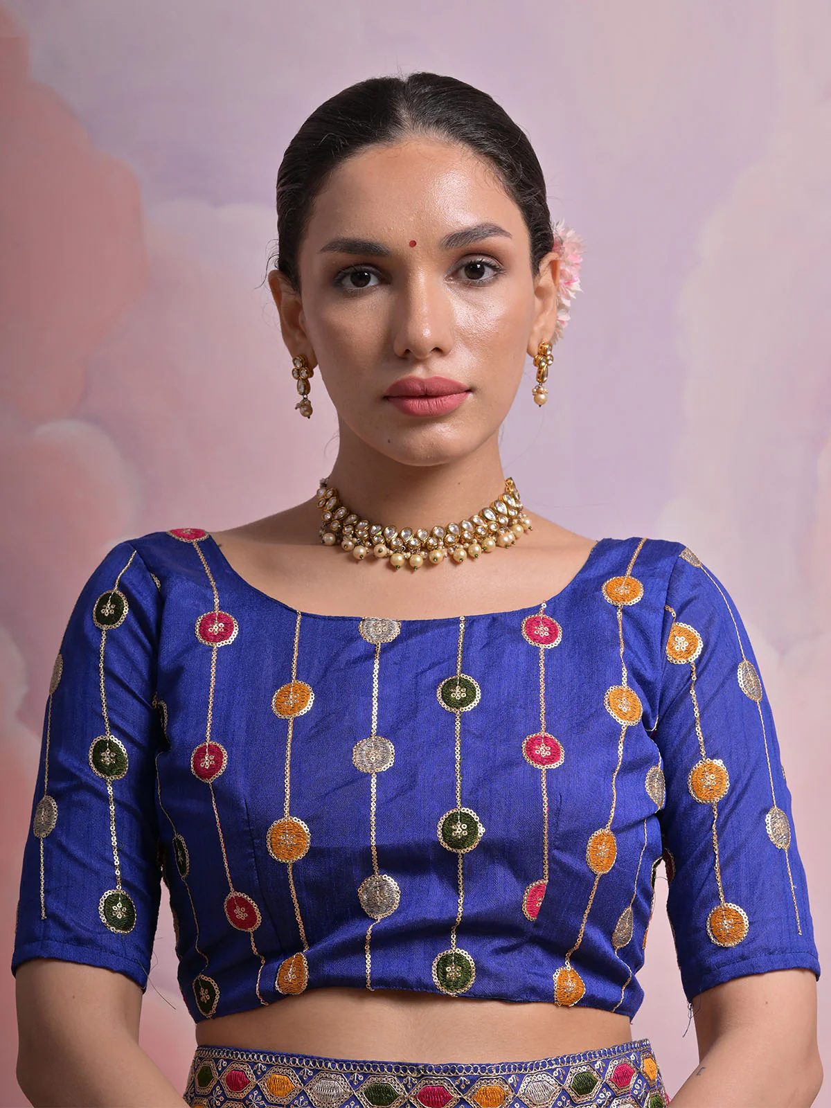 Odette Blue Printed Georgette Saree With Unstitched Blouse For Women - Image 6