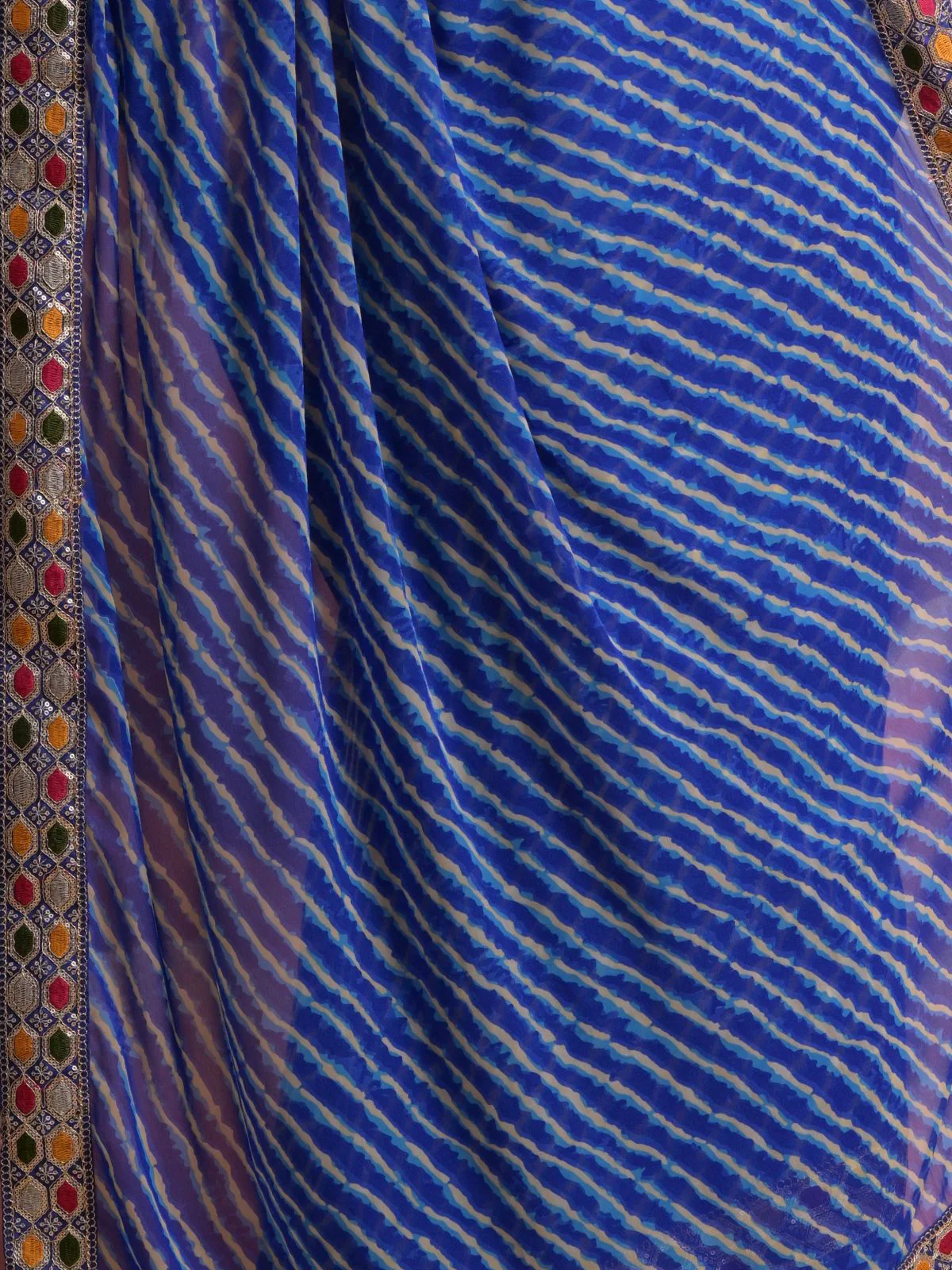 Odette Blue Printed Georgette Saree With Unstitched Blouse For Women - Image 8