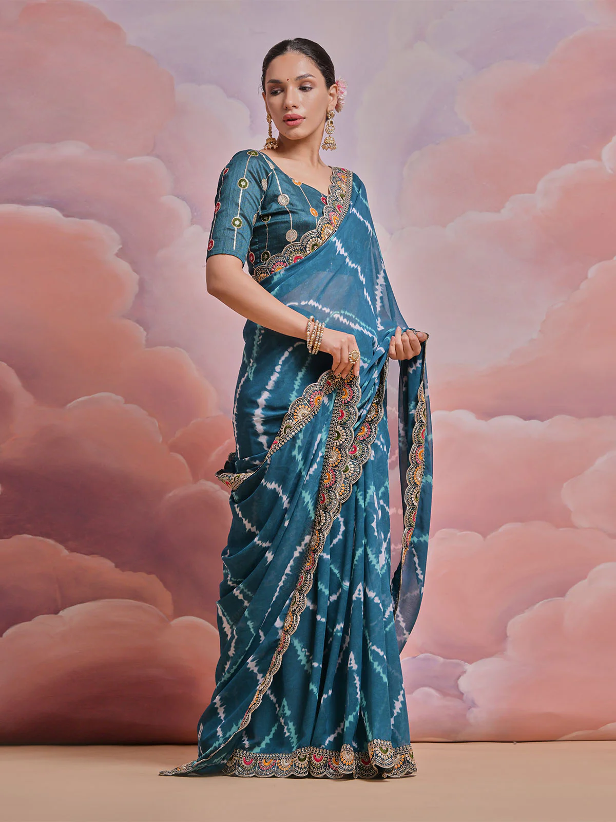 Odette Blue Printed Georgette Saree With Unstitched Blouse For Women - Image 2
