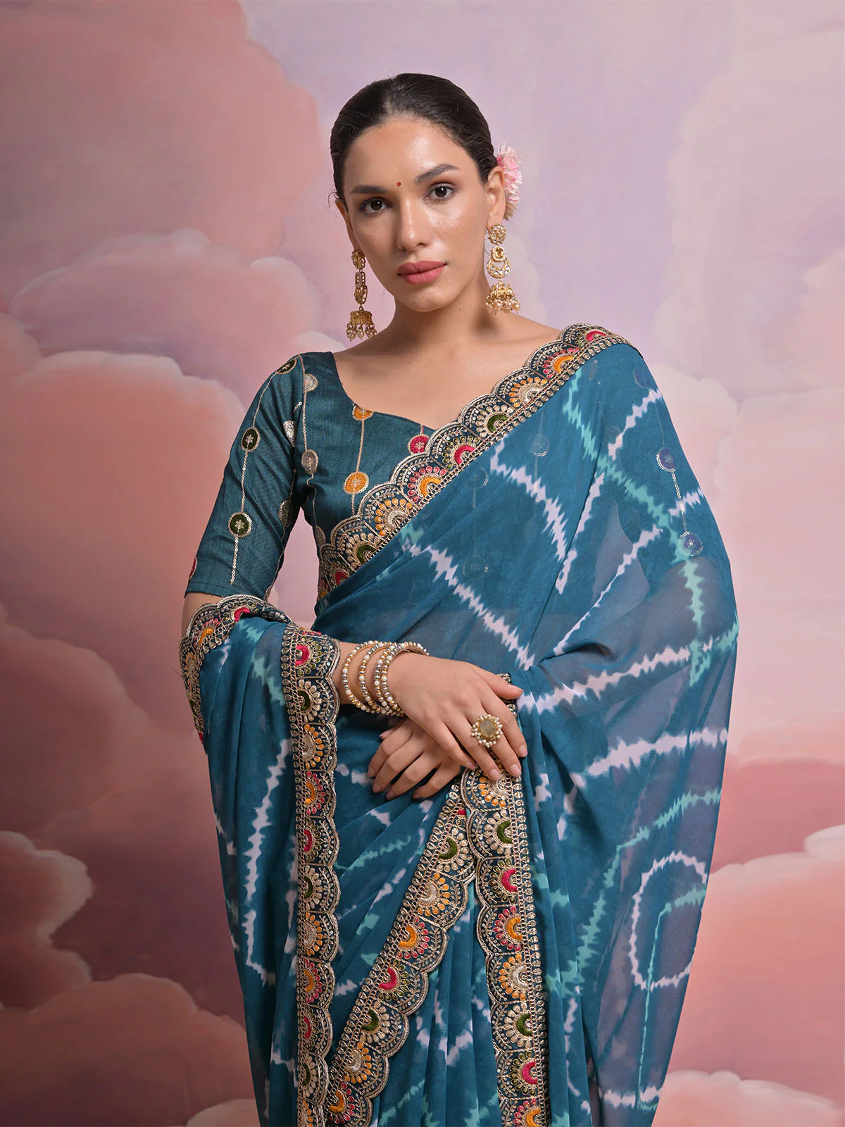 Odette Blue Printed Georgette Saree With Unstitched Blouse For Women - Image 4