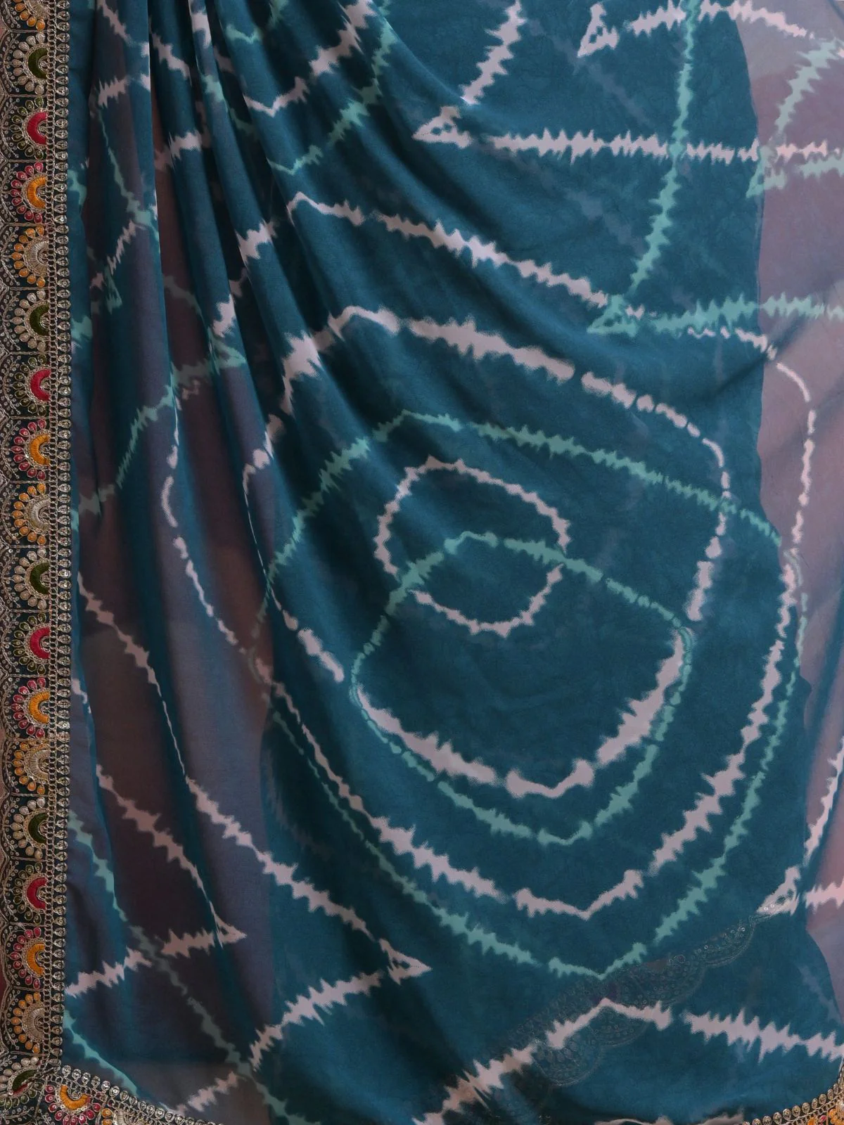 Odette Blue Printed Georgette Saree With Unstitched Blouse For Women - Image 8