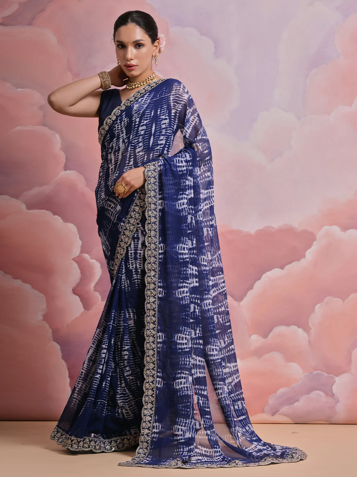 Odette Blue Printed Georgette Saree With Unstitched Blouse For Women - Image 2
