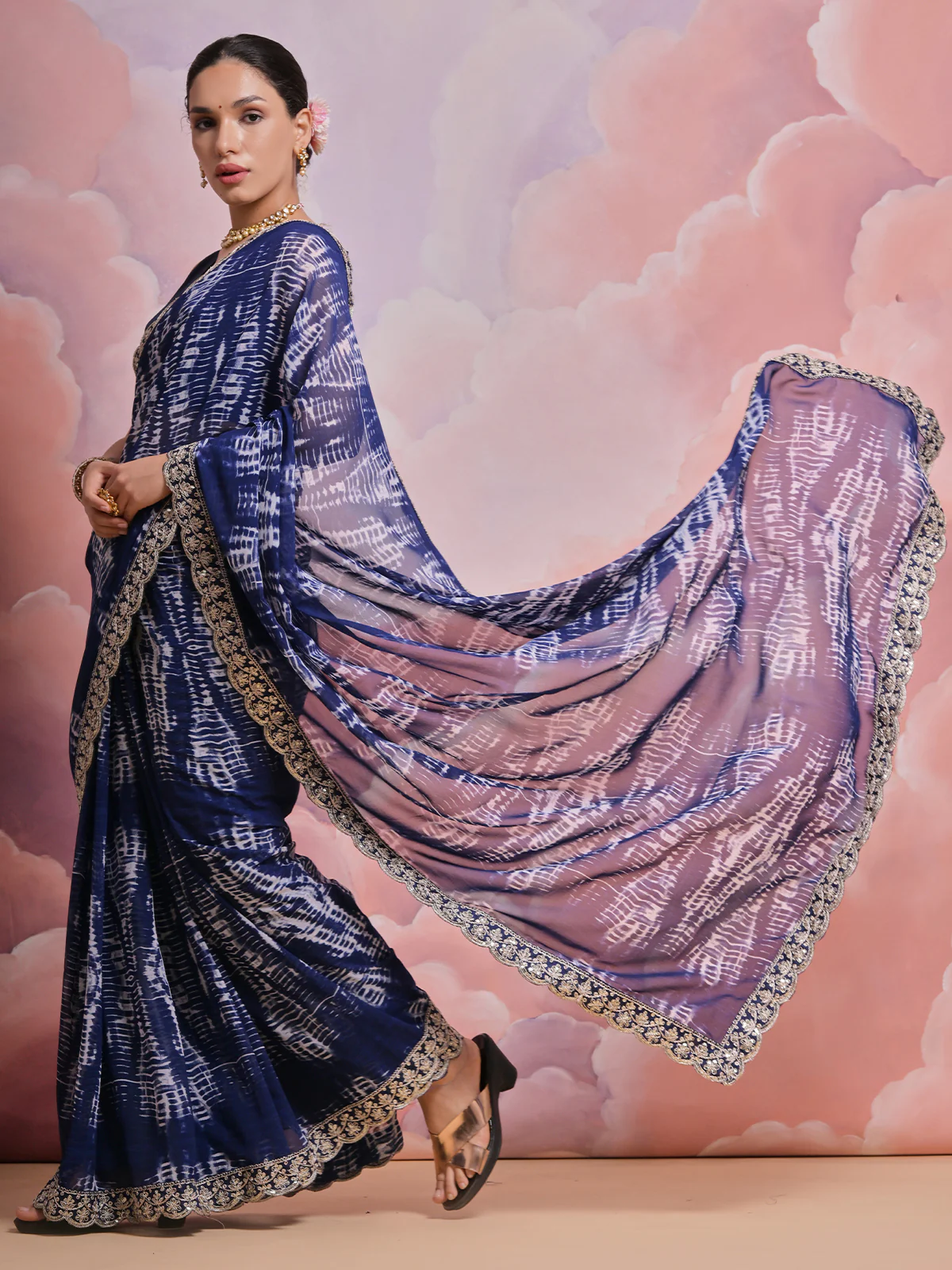 Odette Blue Printed Georgette Saree With Unstitched Blouse For Women - Image 3