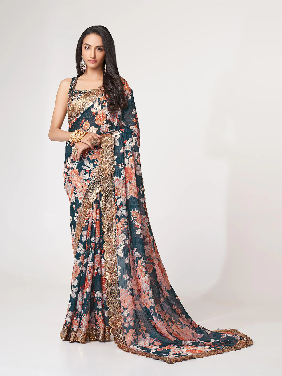 Odette Dark Blue Printed Organza Saree With Unstitched Blouse For Women - Image 2
