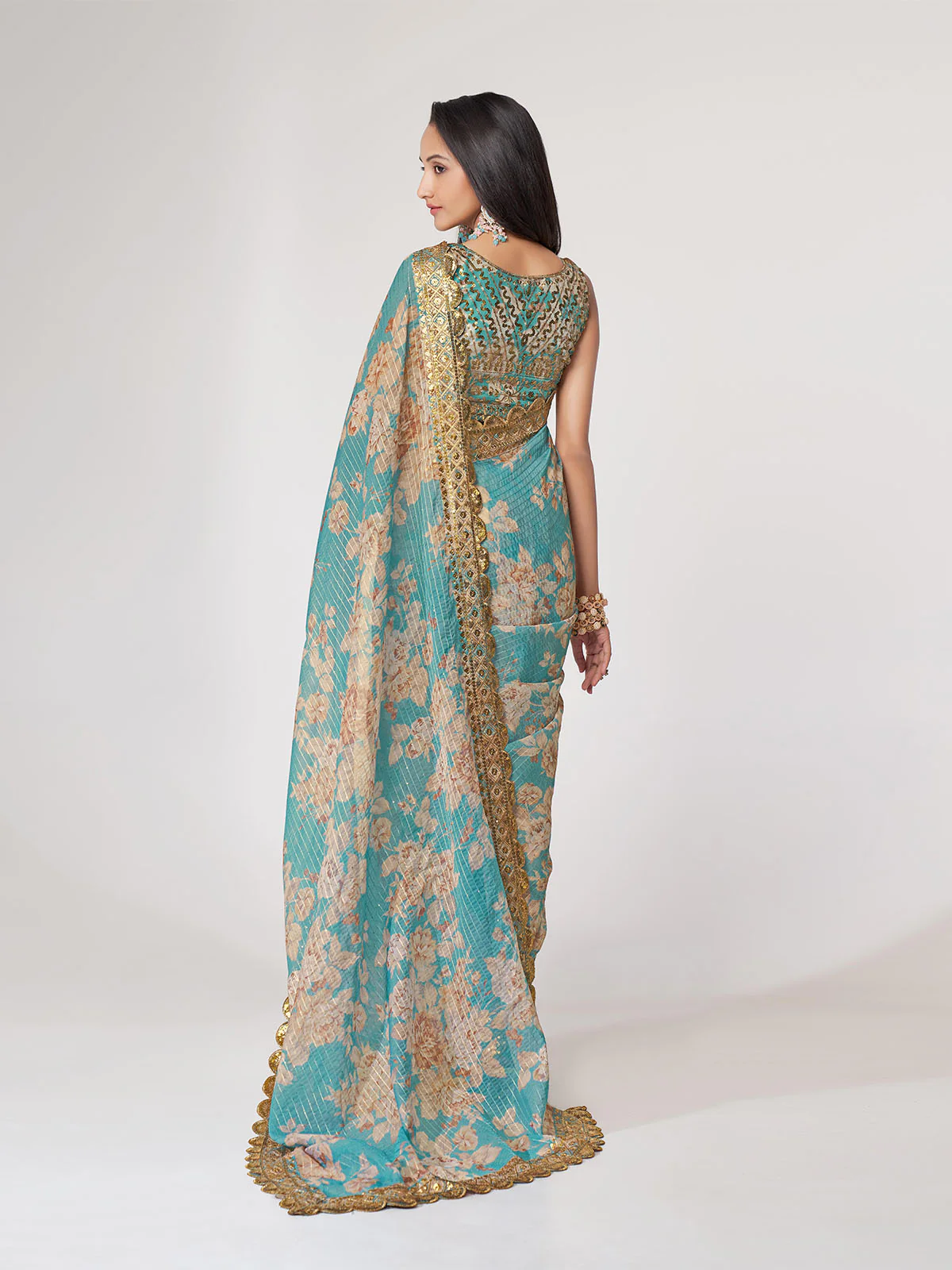 Odette Blue Printed Organza Saree With Unstitched Blouse For Women - Image 4