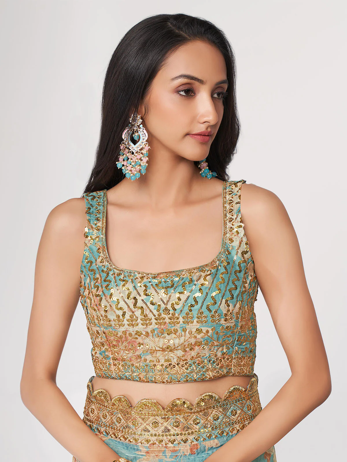 Odette Blue Printed Organza Saree With Unstitched Blouse For Women - Image 5