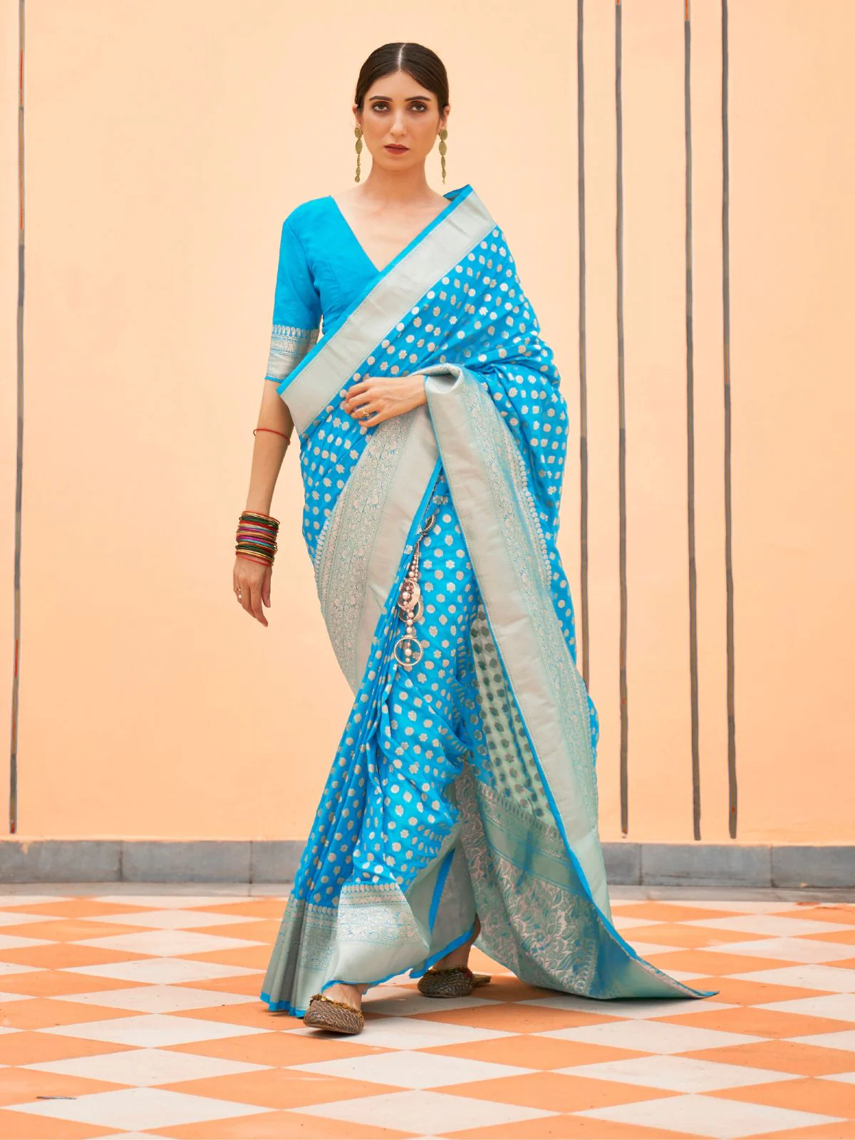 Odette Blue Woven Silk Blend Saree With Unstitched Blouse For Women - Image 2