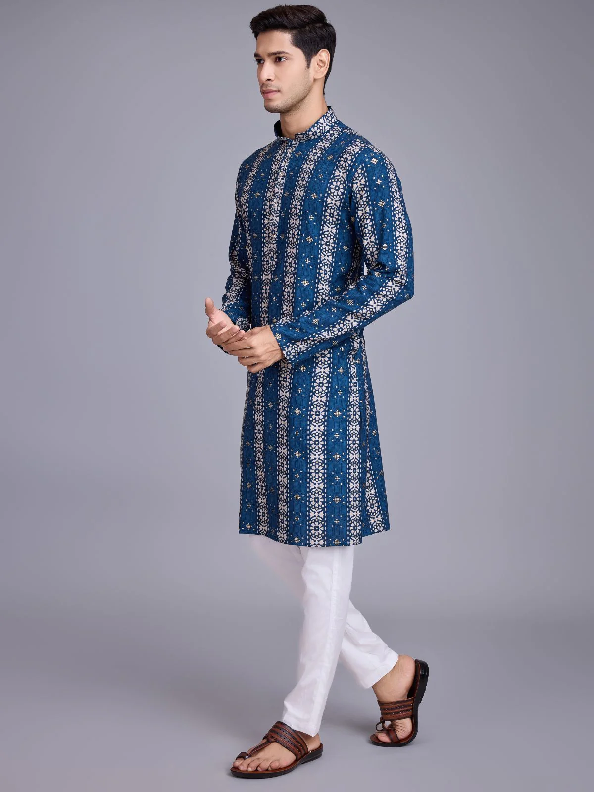Odette Blue Rayon Printed Stitched Kurta For Men - Image 4