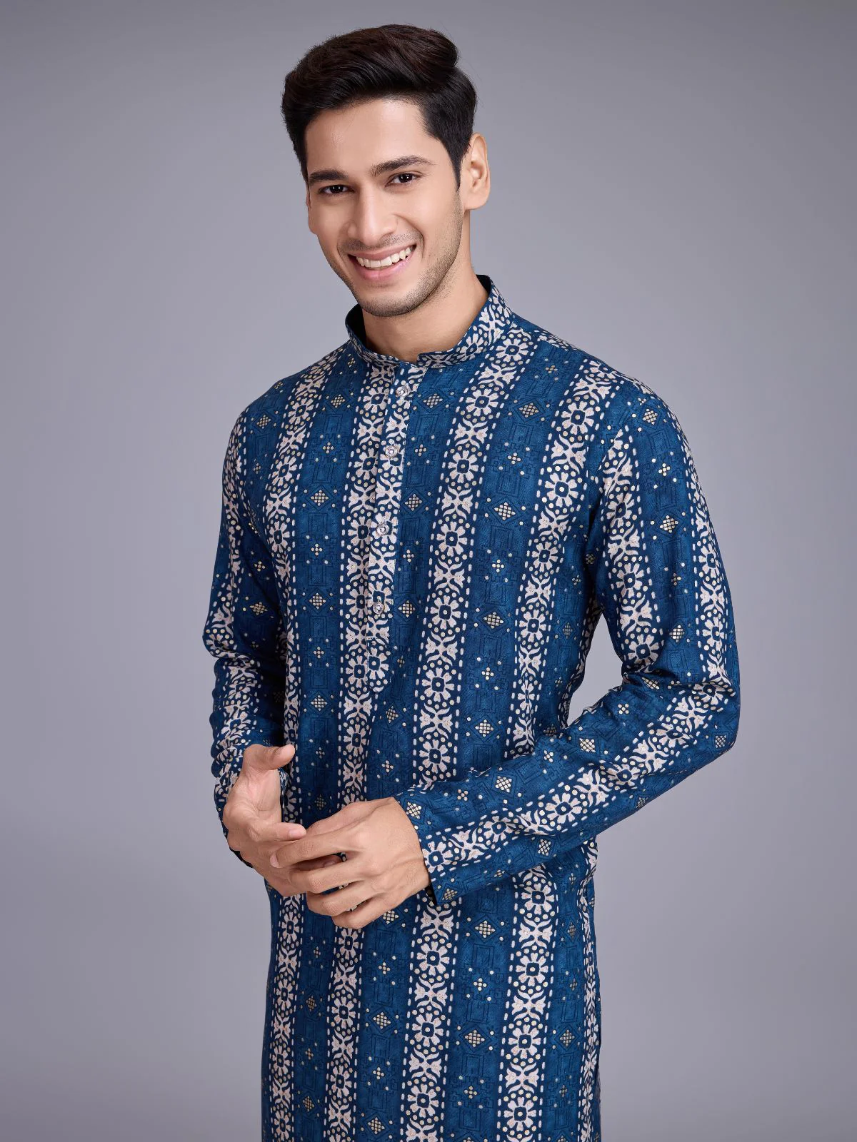 Odette Blue Rayon Printed Stitched Kurta For Men - Image 6