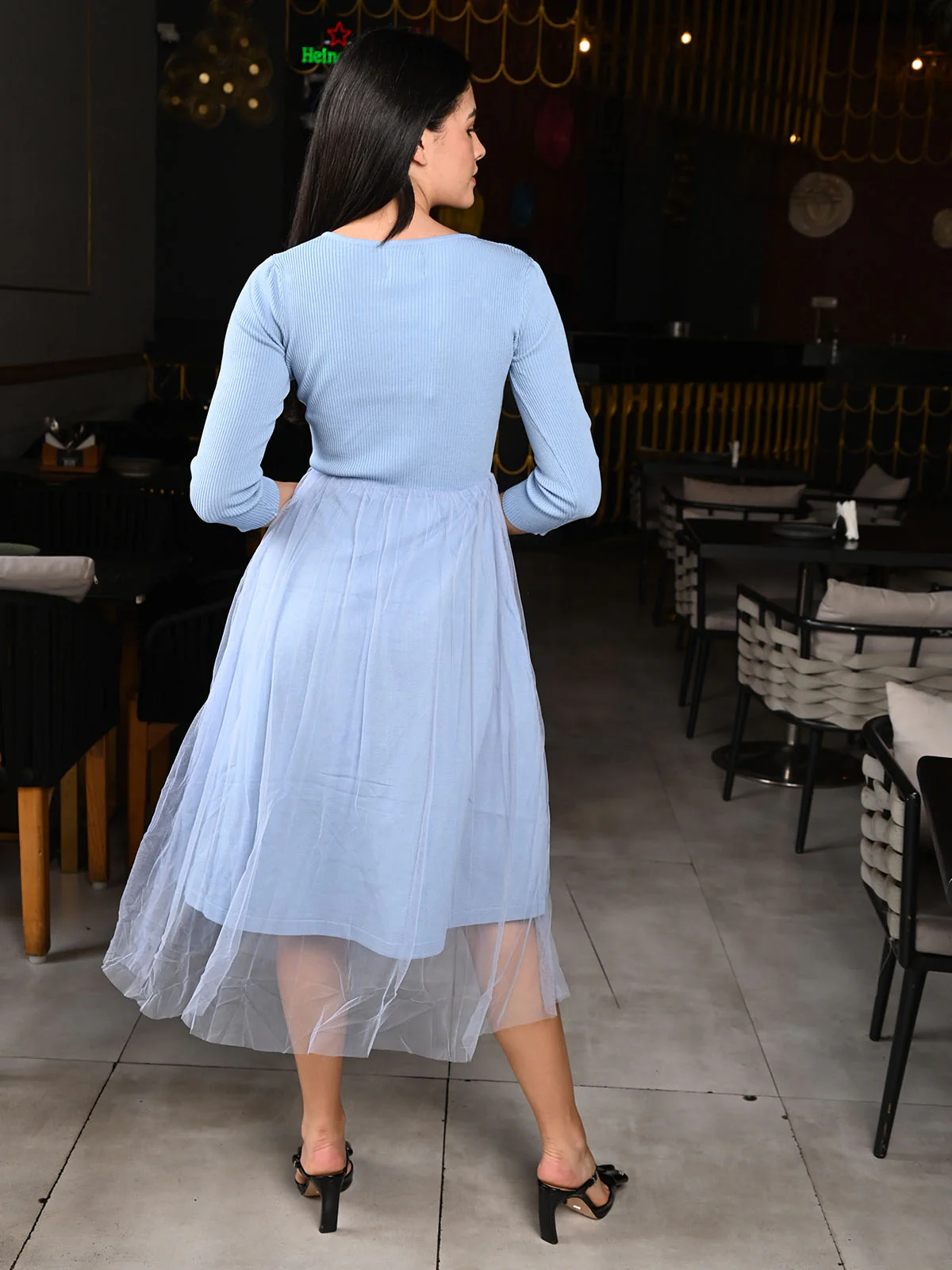 Odette Blue Rib and Net Patterned Dress For Women - Image 4