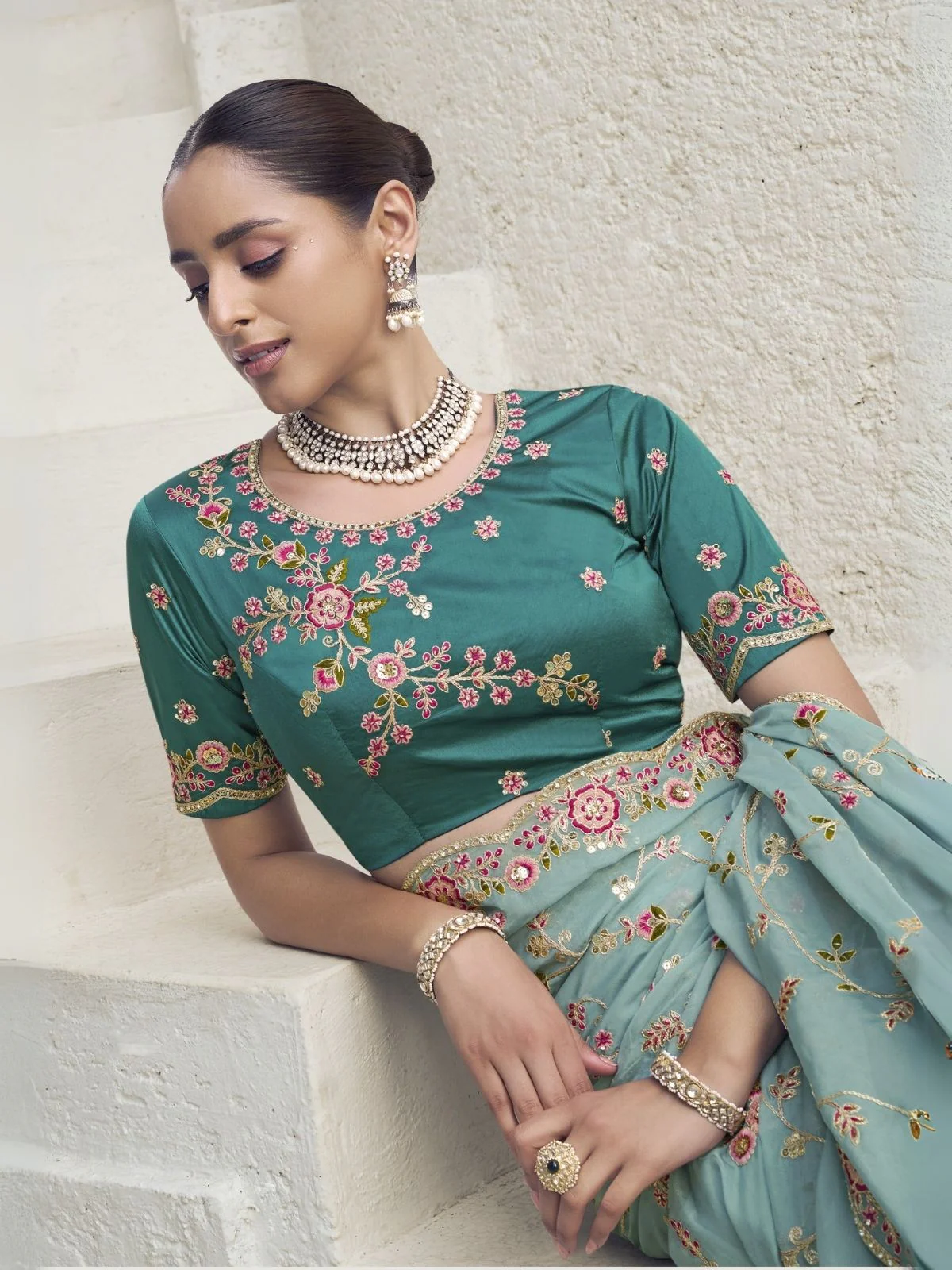 Odette Blue Organza Embroidered Saree With Unstitched Blouse For Women - Image 2