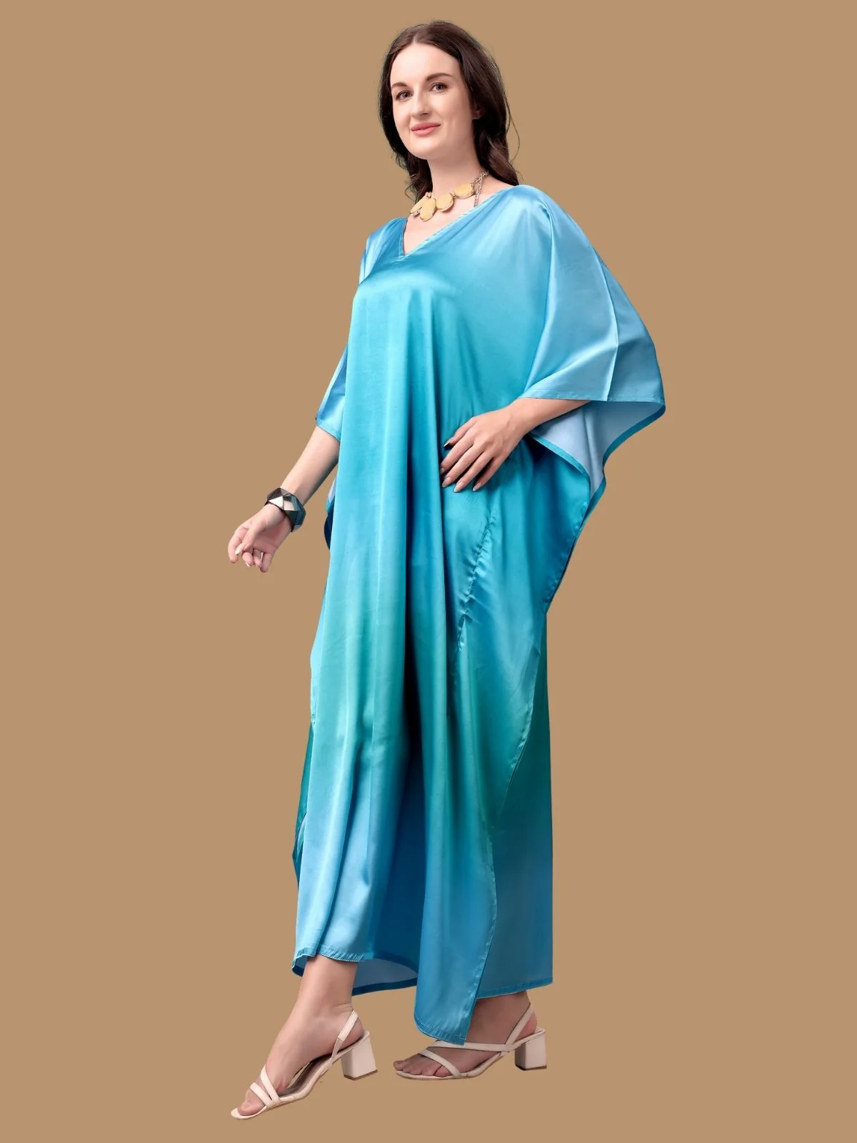 Odette Blue Satin Printed Kaftan For Women - Image 2