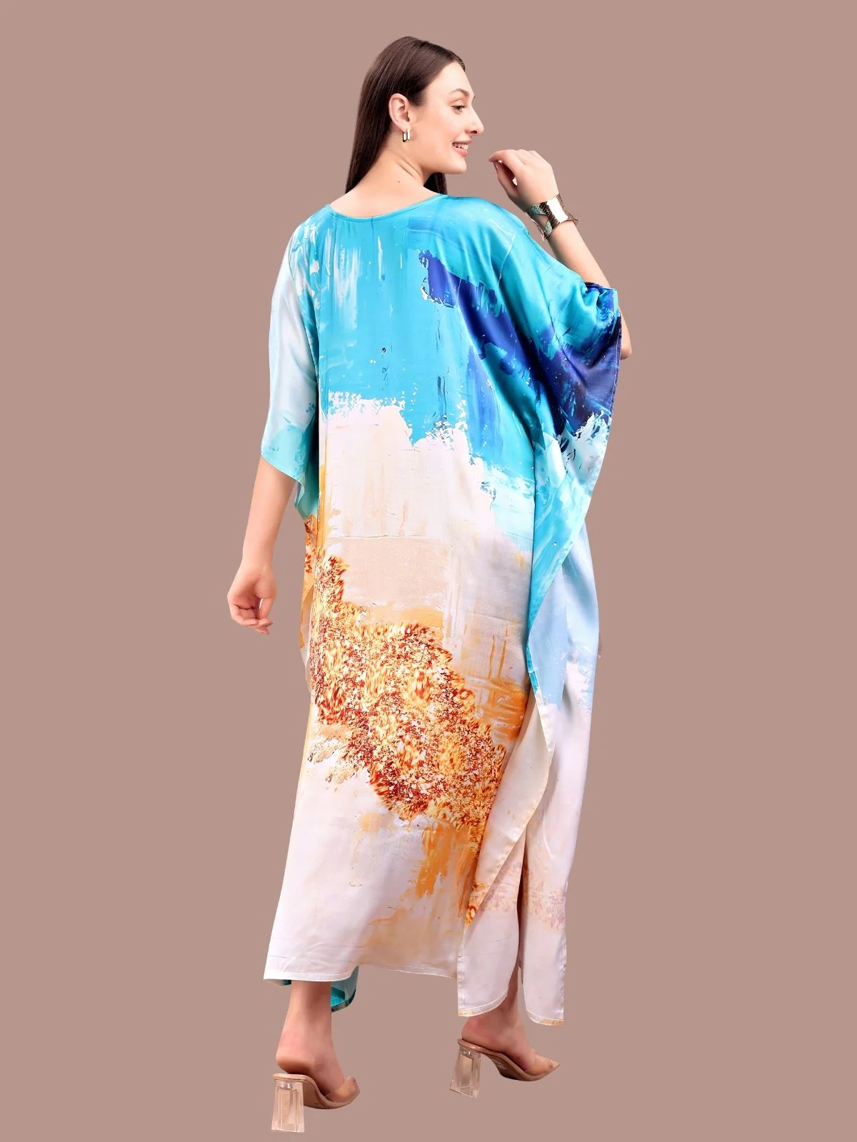 Odette Blue Satin Printed Kaftan For Women - Image 3