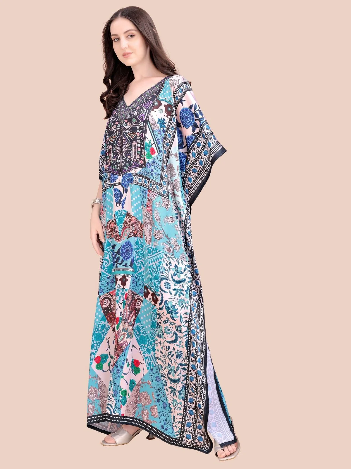 Odette Blue Satin Printed Kaftan For Women - Image 2