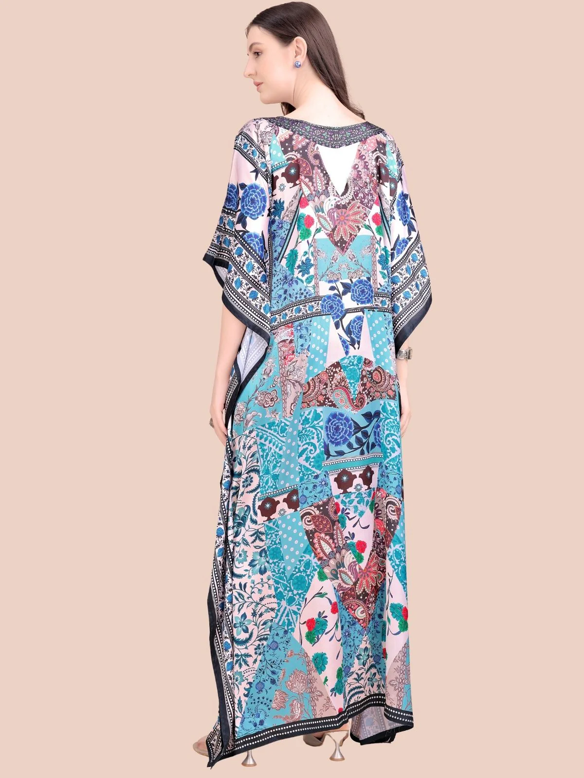 Odette Blue Satin Printed Kaftan For Women - Image 3