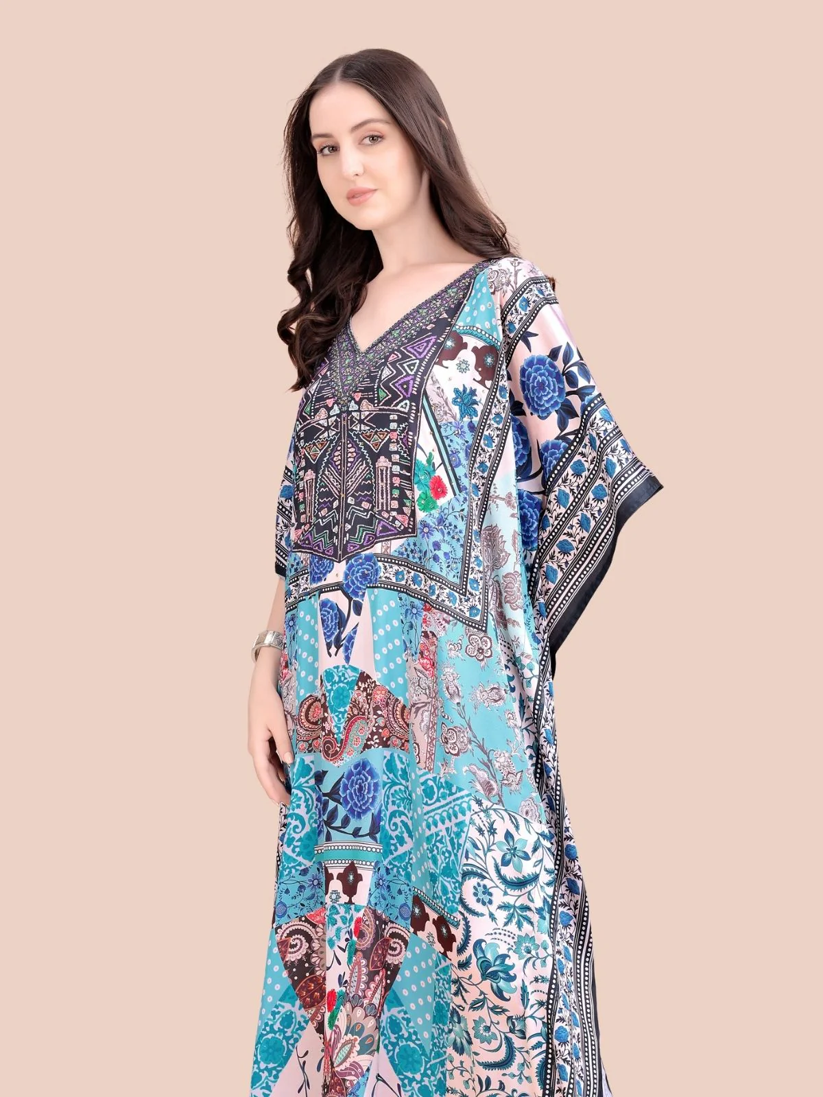 Odette Blue Satin Printed Kaftan For Women - Image 4