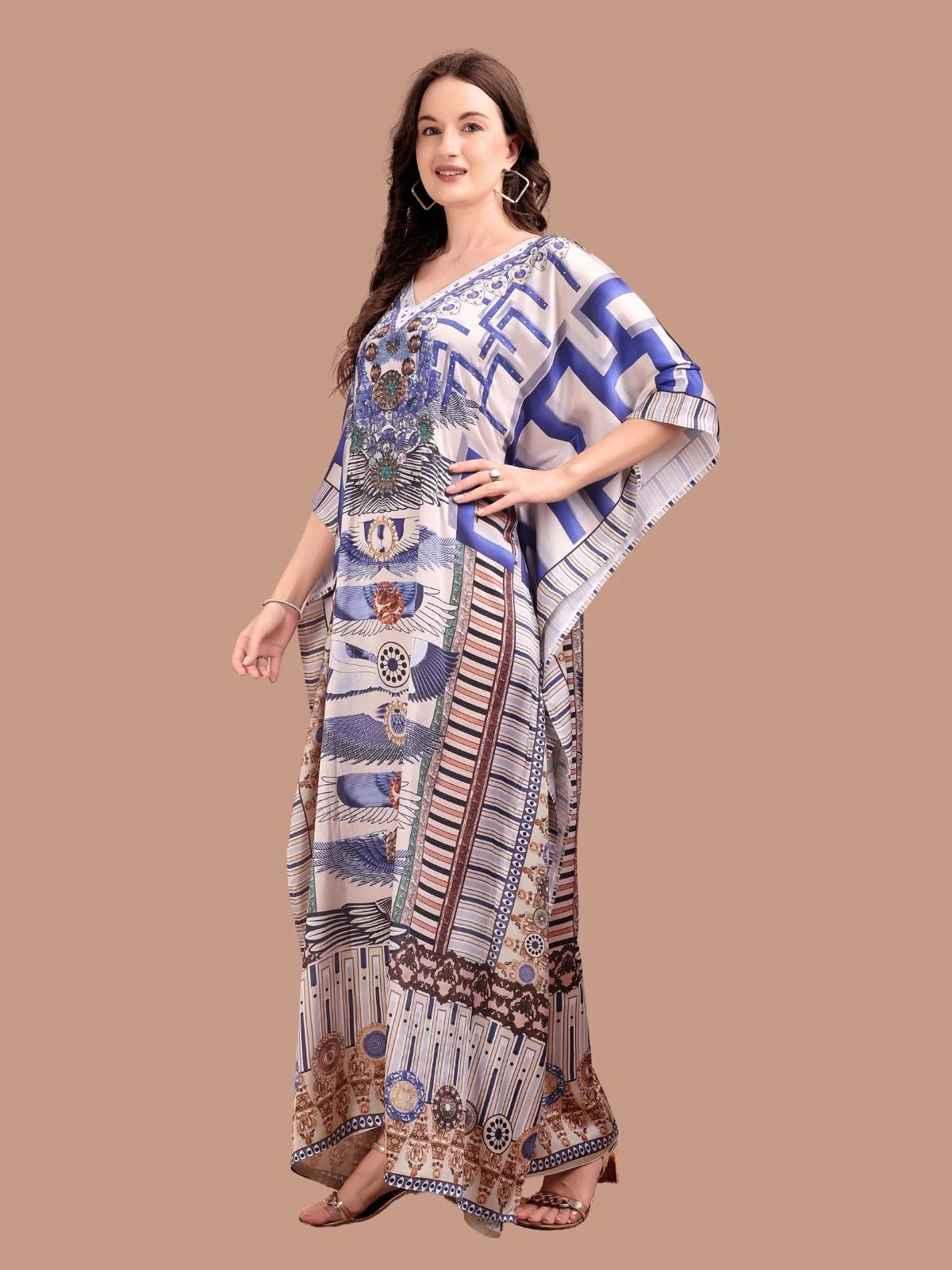 Odette Blue Satin Printed Kaftan For Women - Image 2