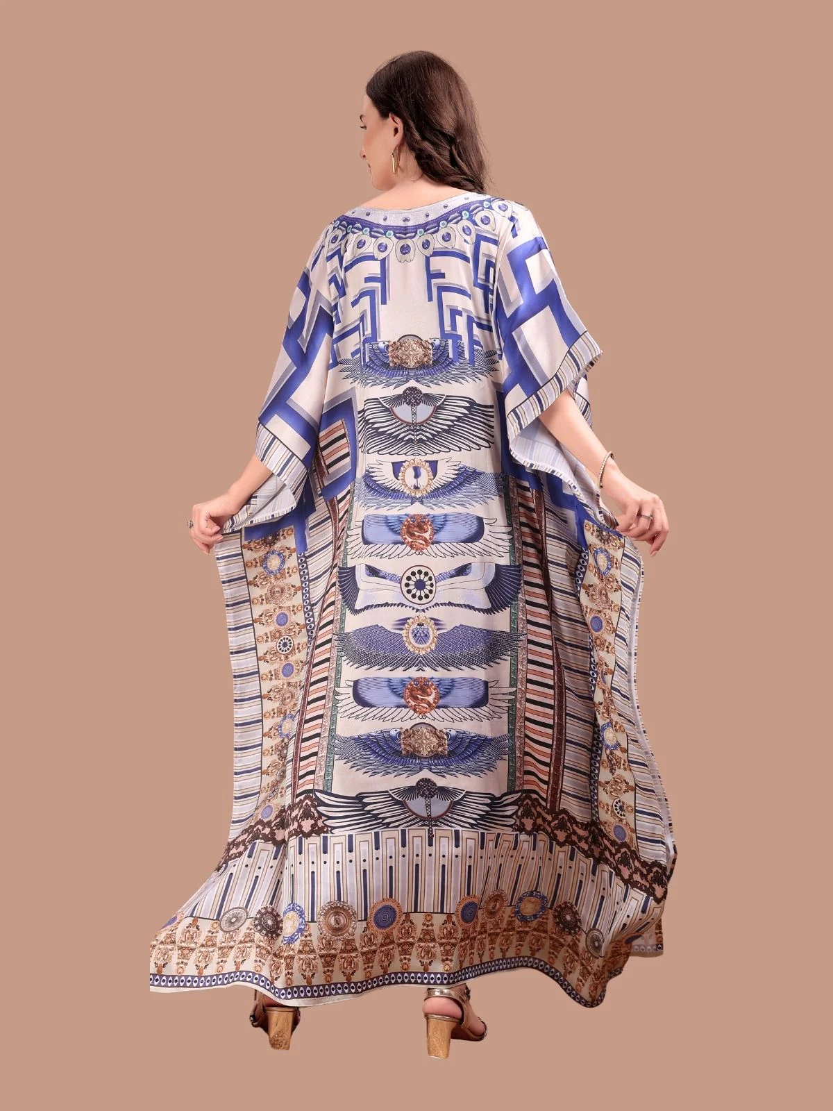 Odette Blue Satin Printed Kaftan For Women - Image 3