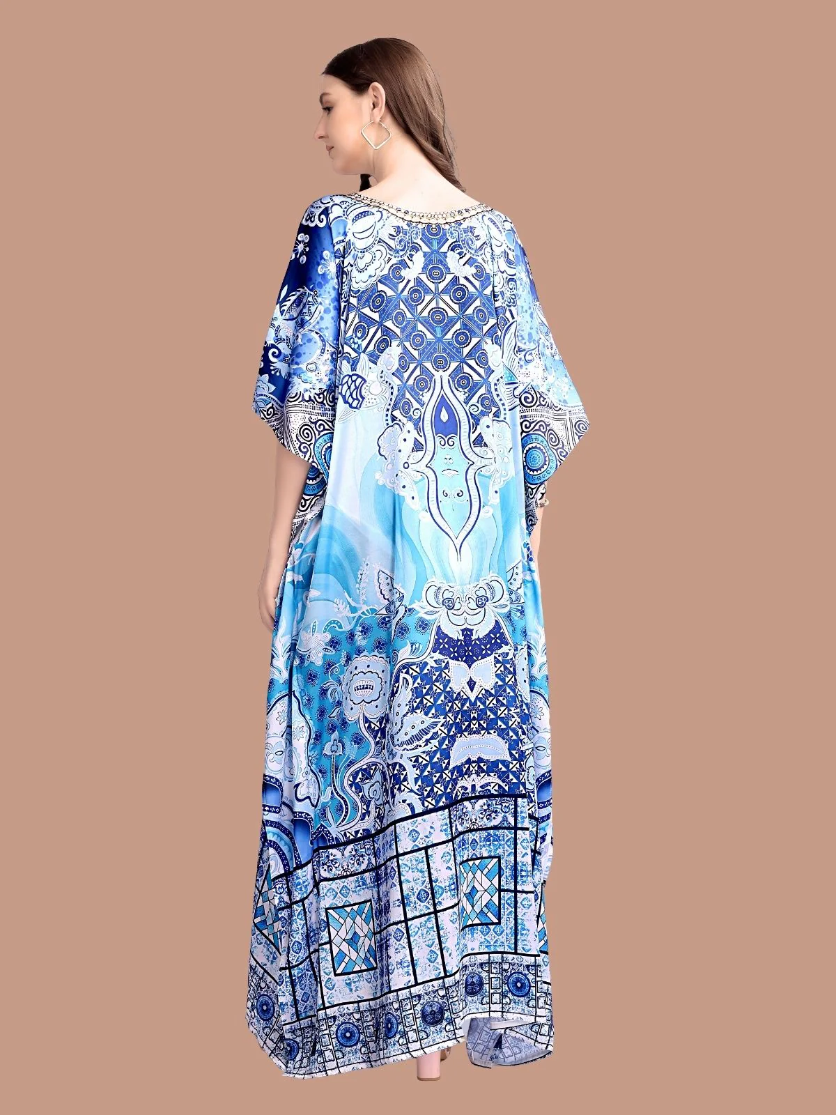 Odette Blue Satin Printed Kaftan For Women - Image 3
