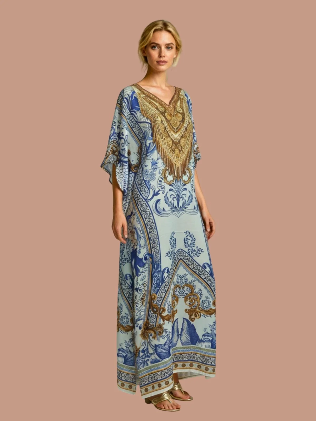 Odette Blue Satin Printed Kaftan For Women - Image 2