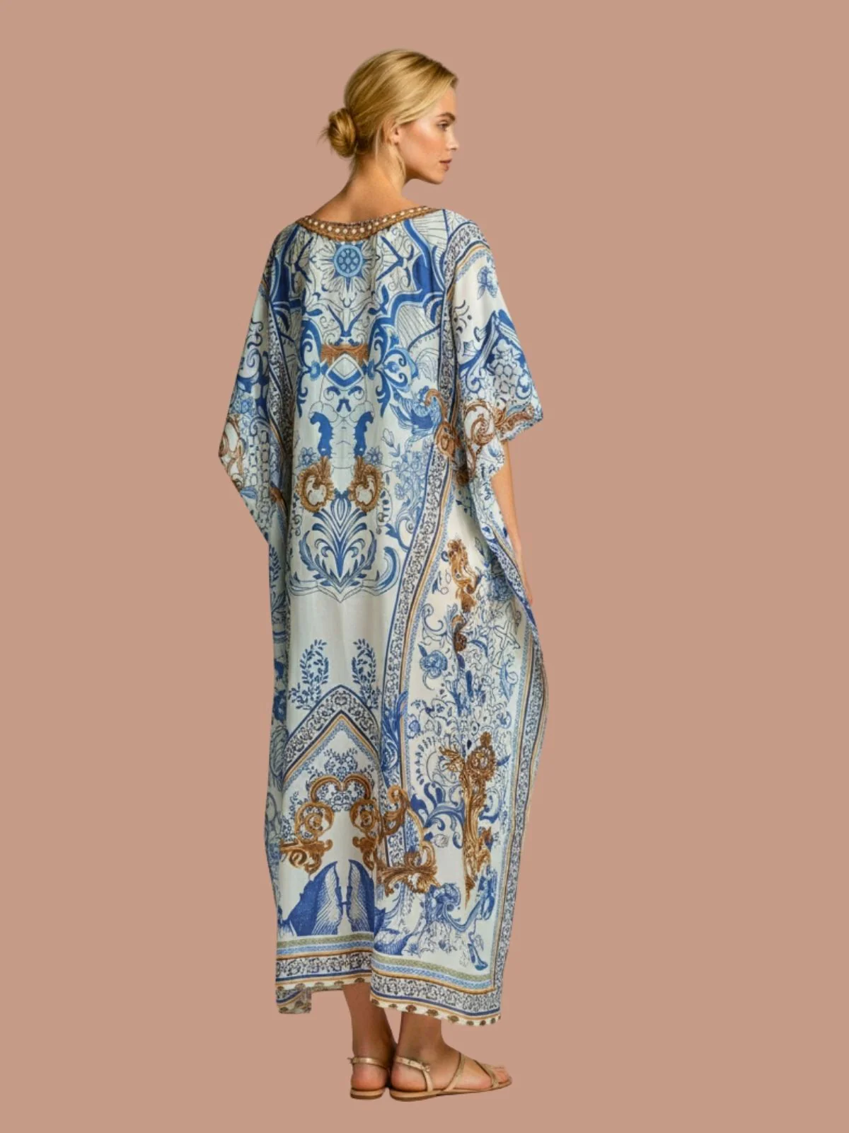 Odette Blue Satin Printed Kaftan For Women - Image 3