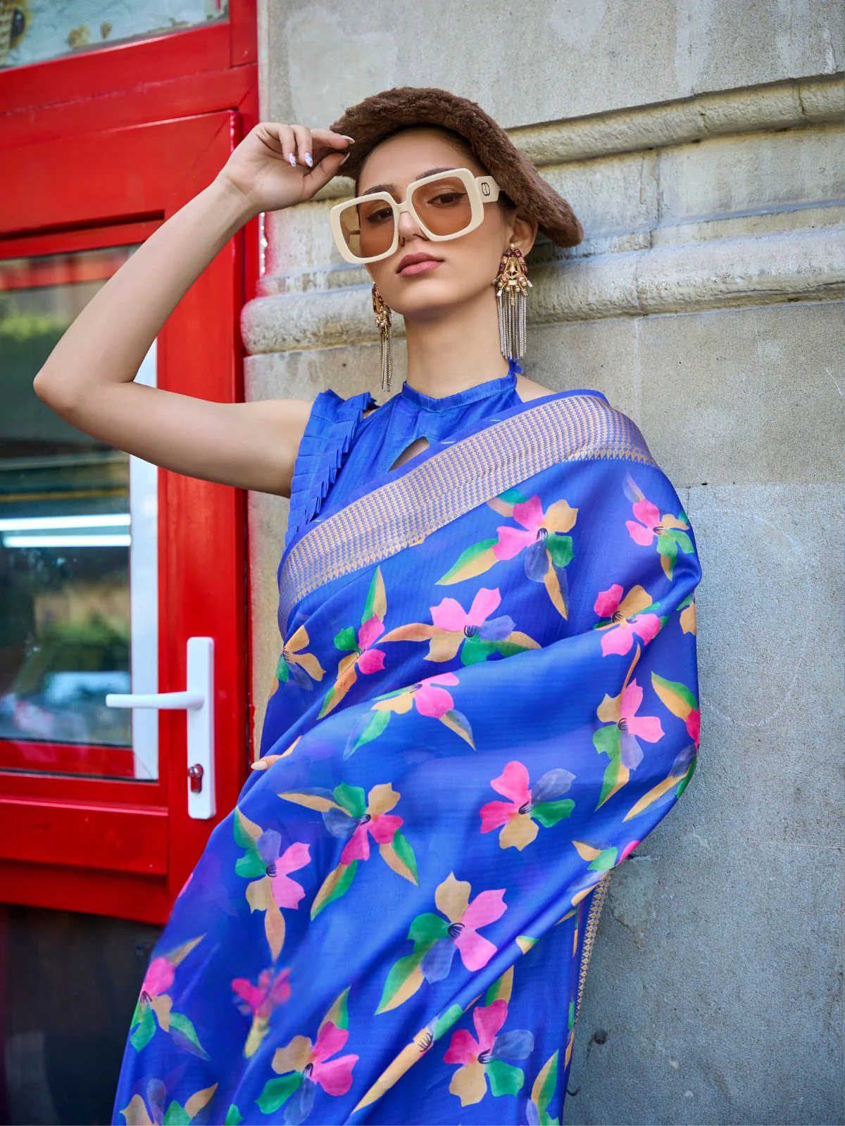 Odette Blue Satin Printed Saree With Unstitched Blouse For Women - Image 2