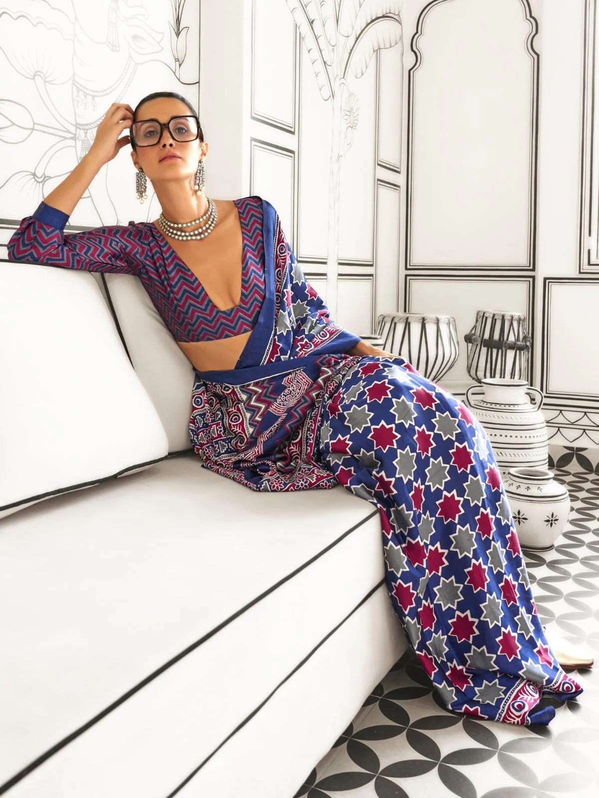 Odette Blue Satin Printed Saree With Unstitched Blouse For Women - Image 2