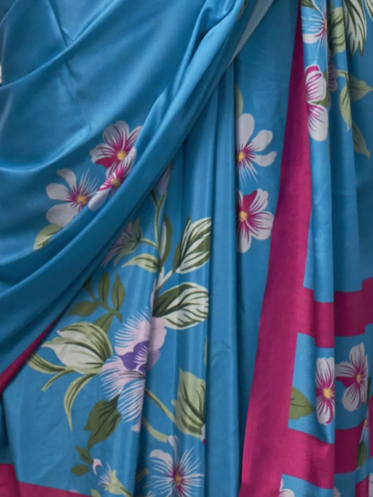 Odette Blue Satin Printed Saree With Unstitched Blouse For Women - Image 3